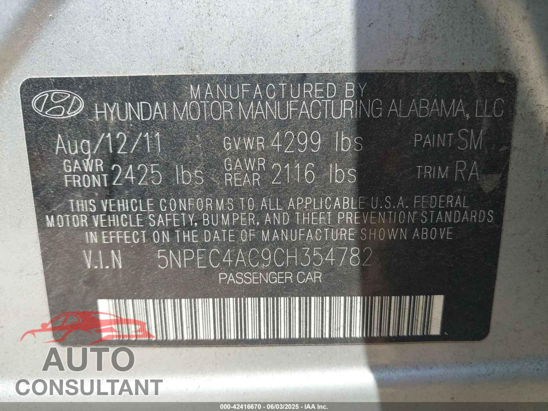 HYUNDAI SONATA 2012 - 5NPEC4AC9CH354782
