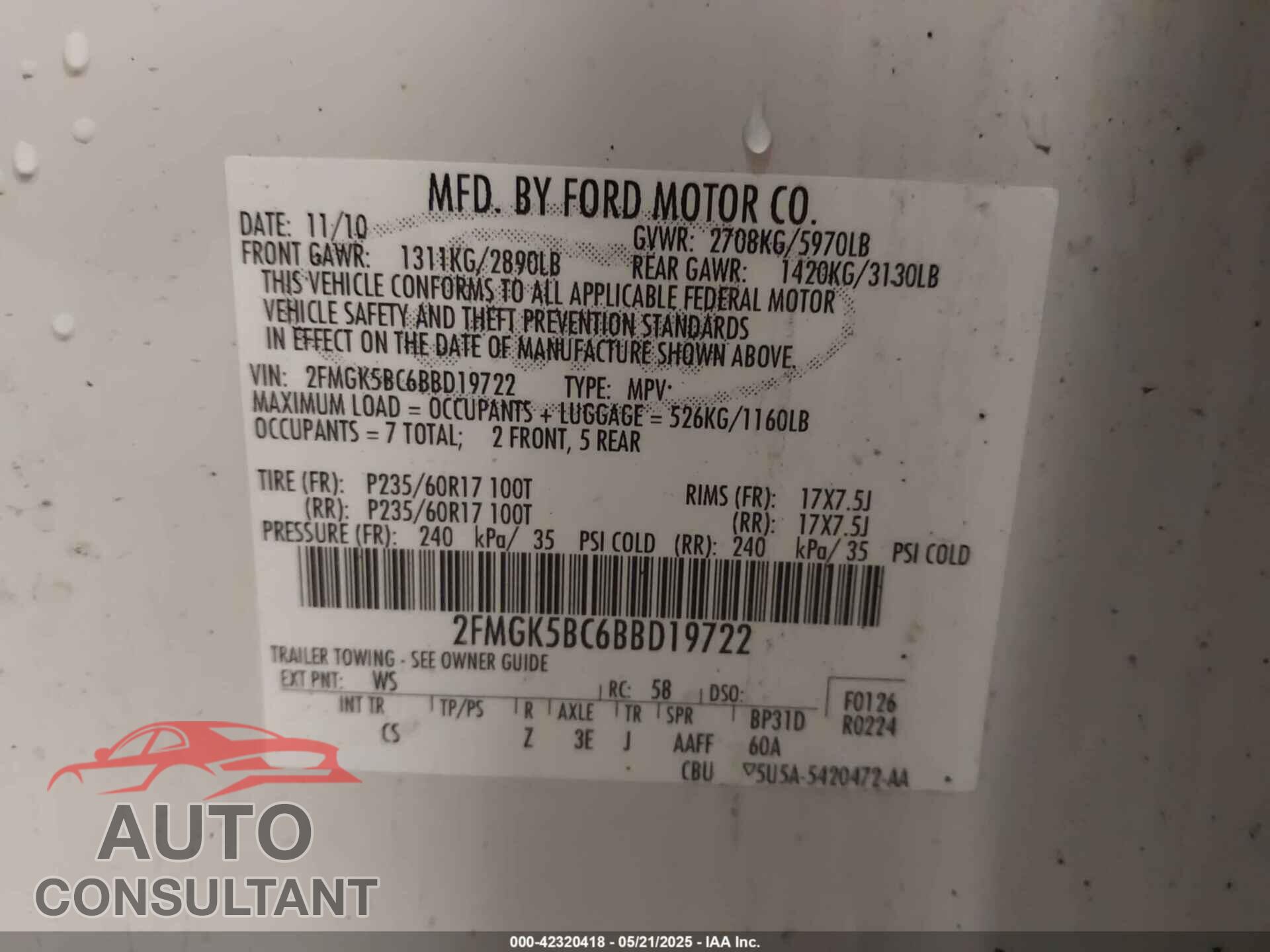 FORD FLEX 2011 - 2FMGK5BC6BBD19722