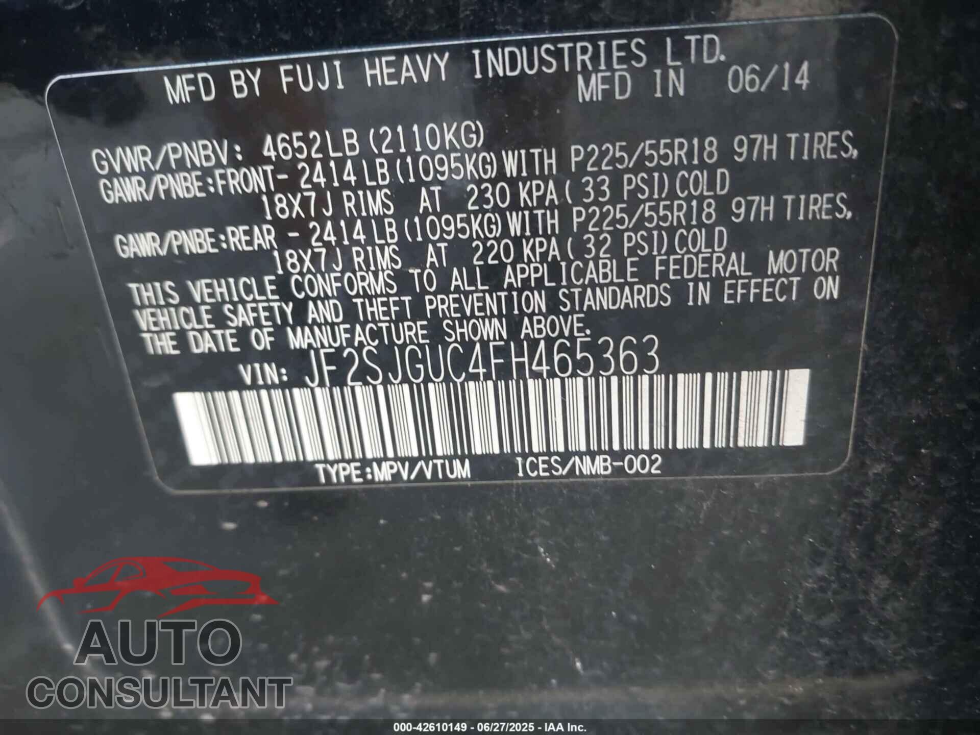 SUBARU FORESTER 2015 - JF2SJGUC4FH465363
