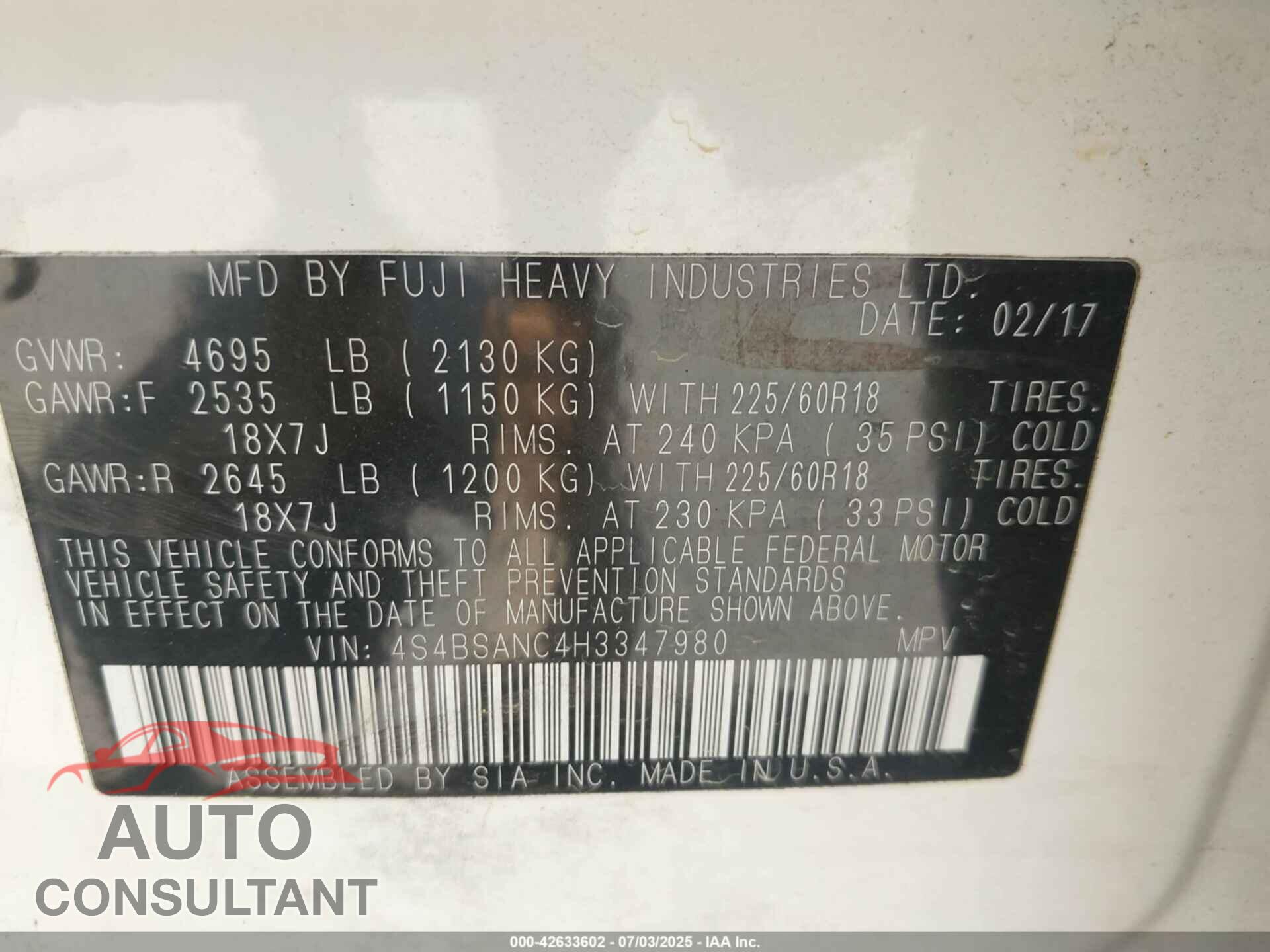 SUBARU OUTBACK 2017 - 4S4BSANC4H3347980