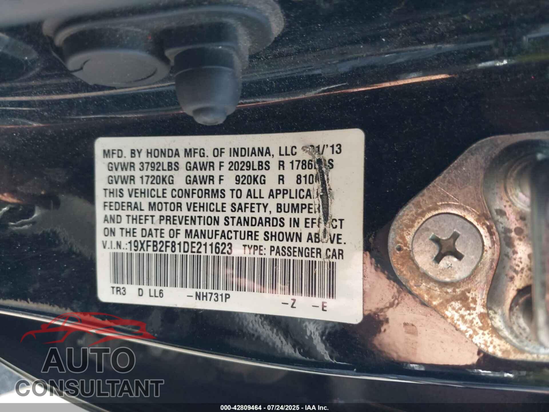 HONDA CIVIC 2013 - 19XFB2F81DE211623