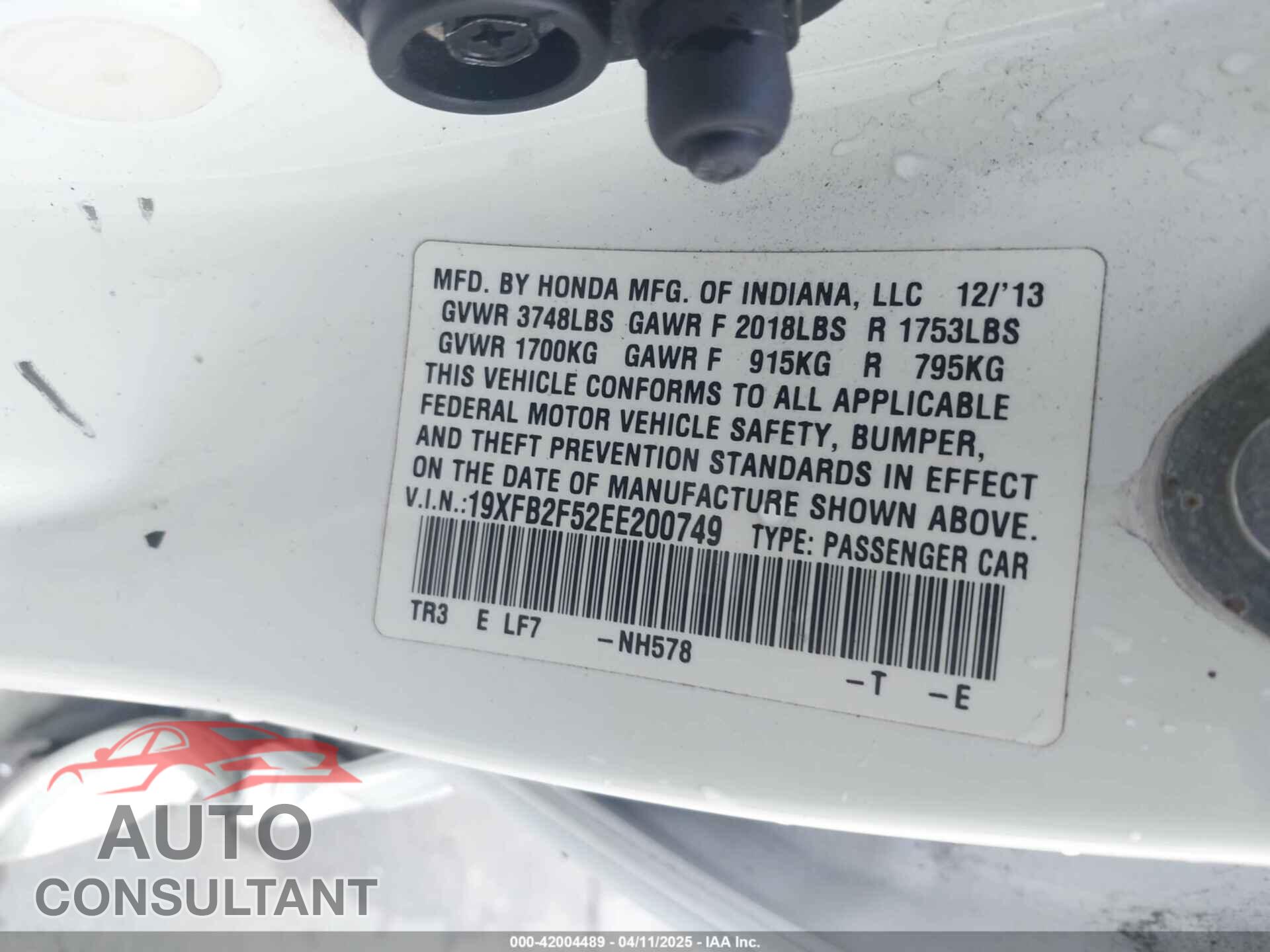HONDA CIVIC 2014 - 19XFB2F52EE200749