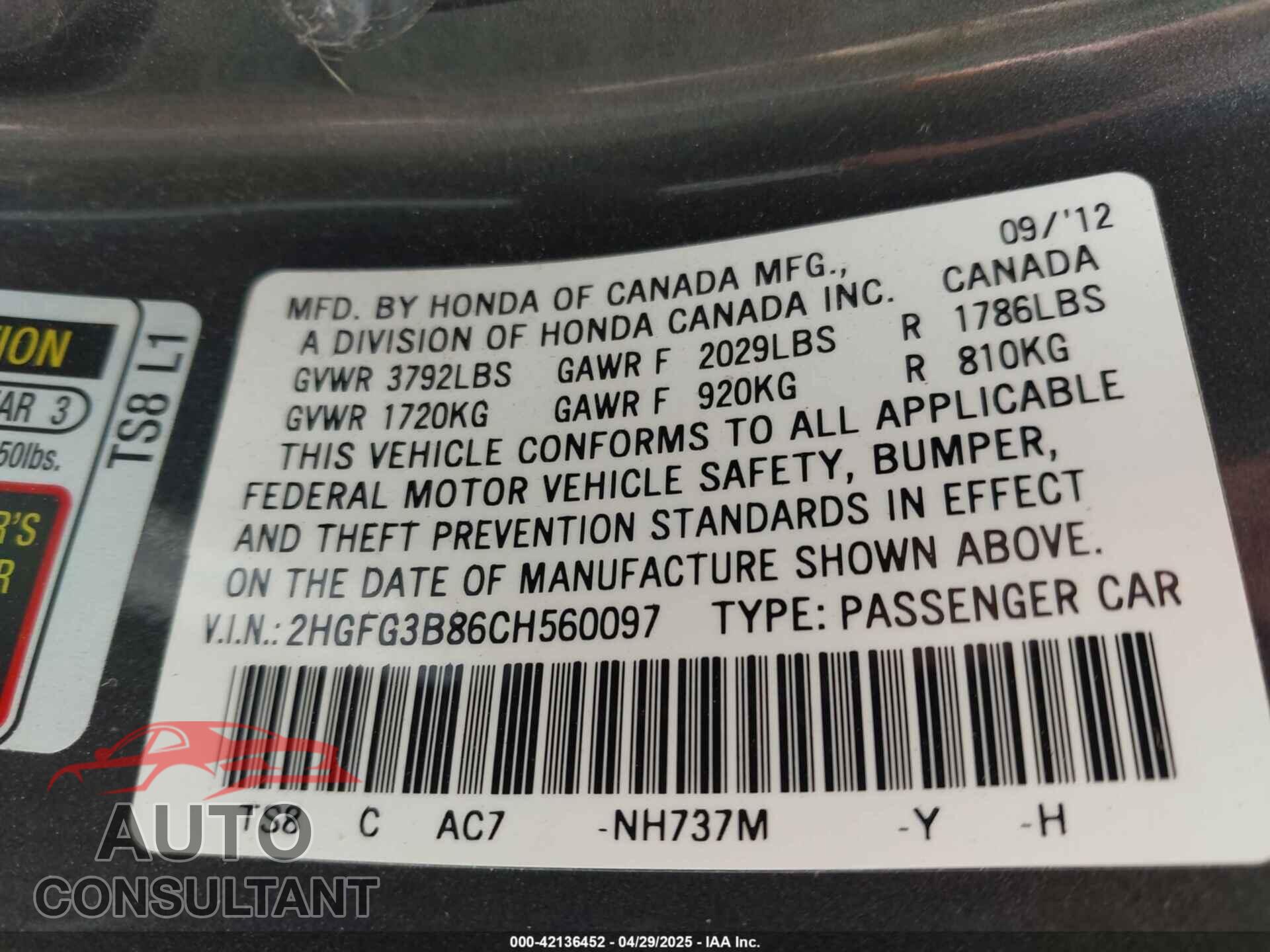 HONDA CIVIC 2012 - 2HGFG3B86CH560097