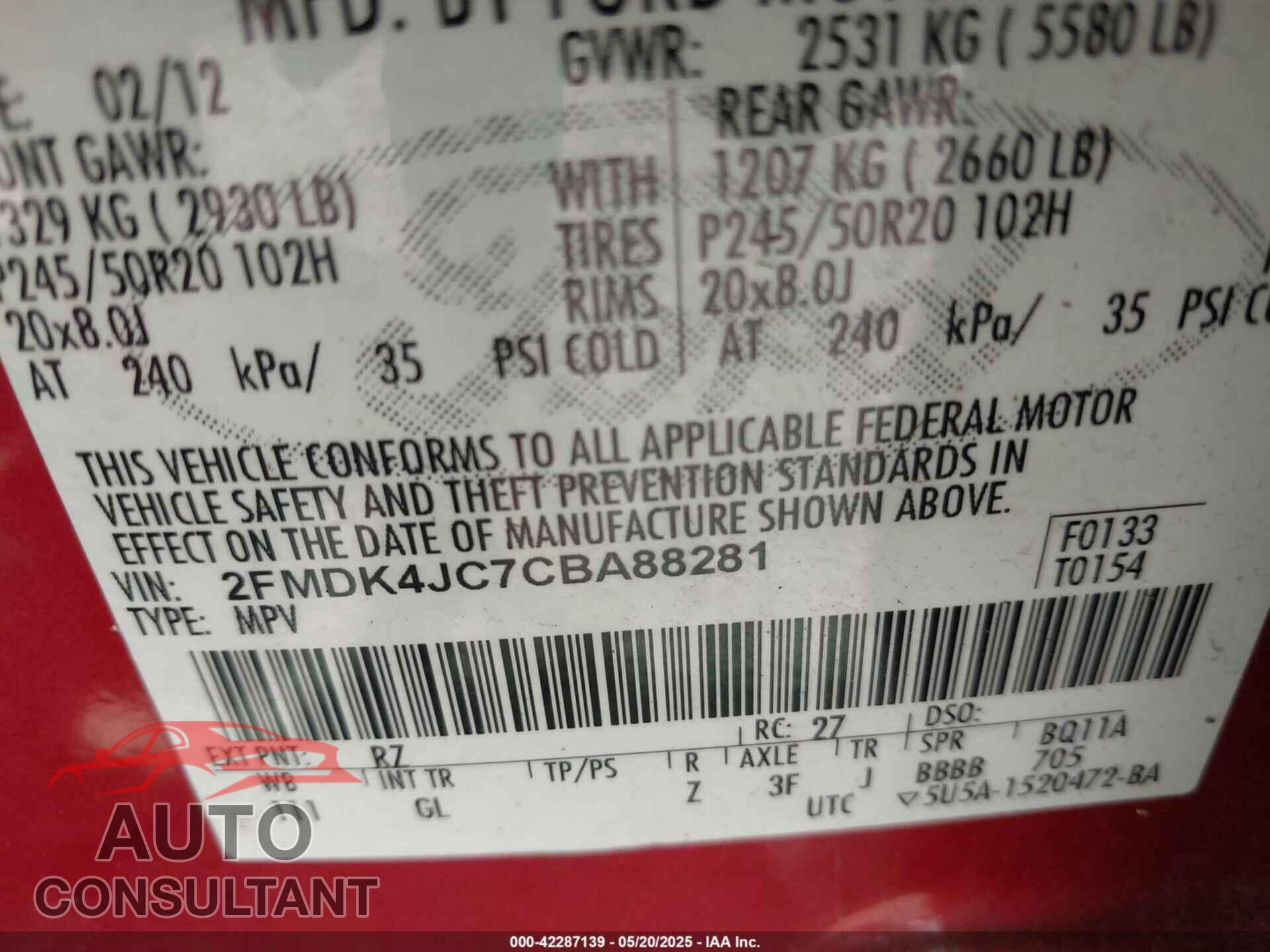 FORD EDGE 2012 - 2FMDK4JC7CBA88281