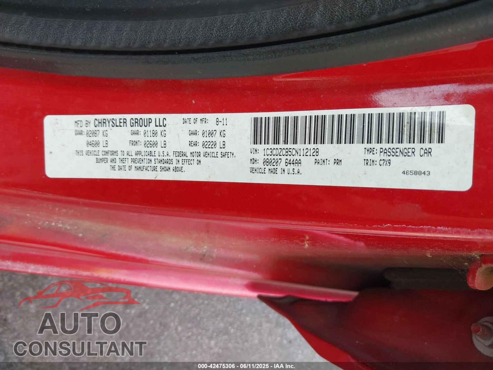 DODGE AVENGER 2012 - 1C3CDZCB5CN112128