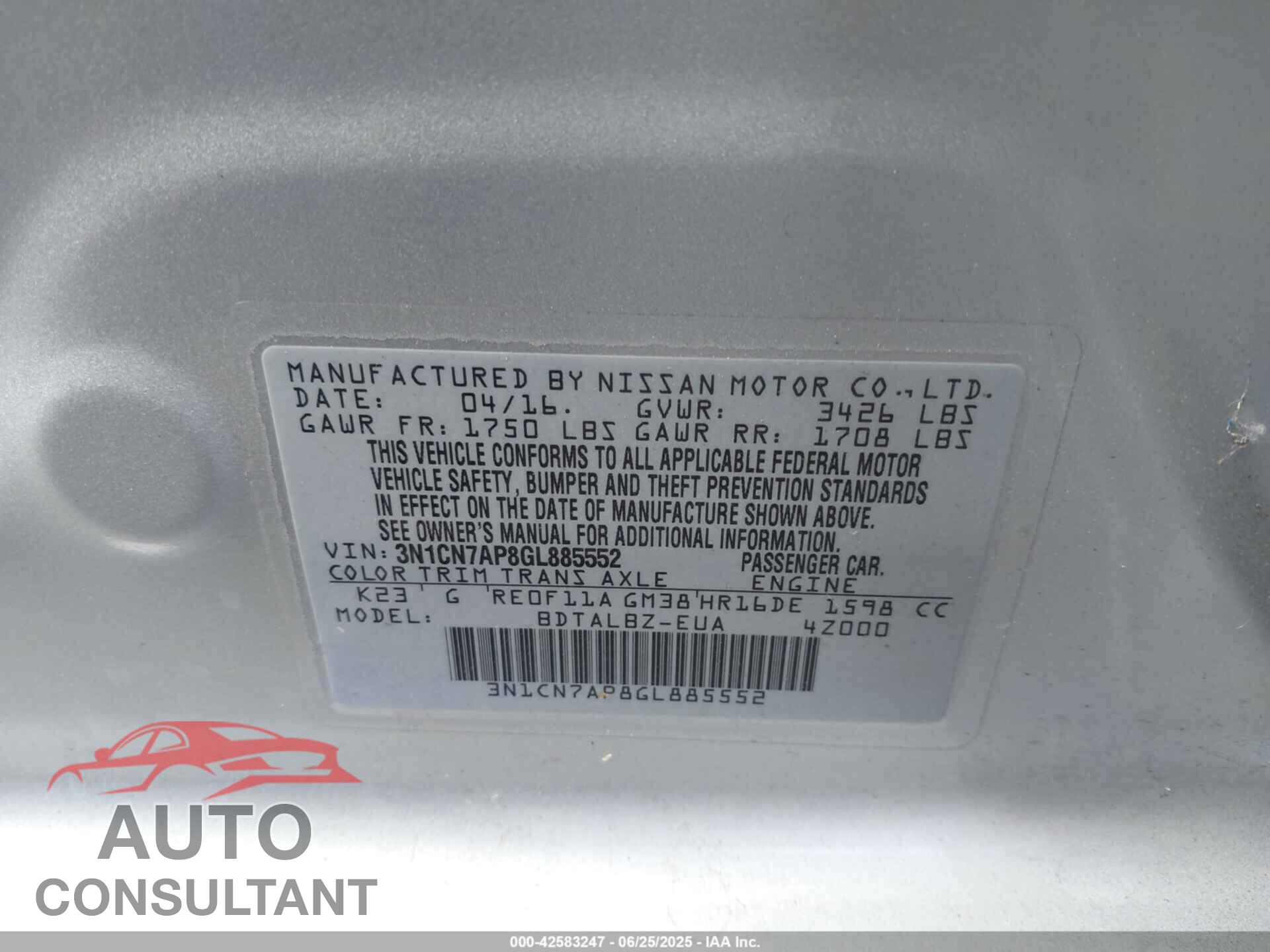 NISSAN VERSA 2016 - 3N1CN7AP8GL885552