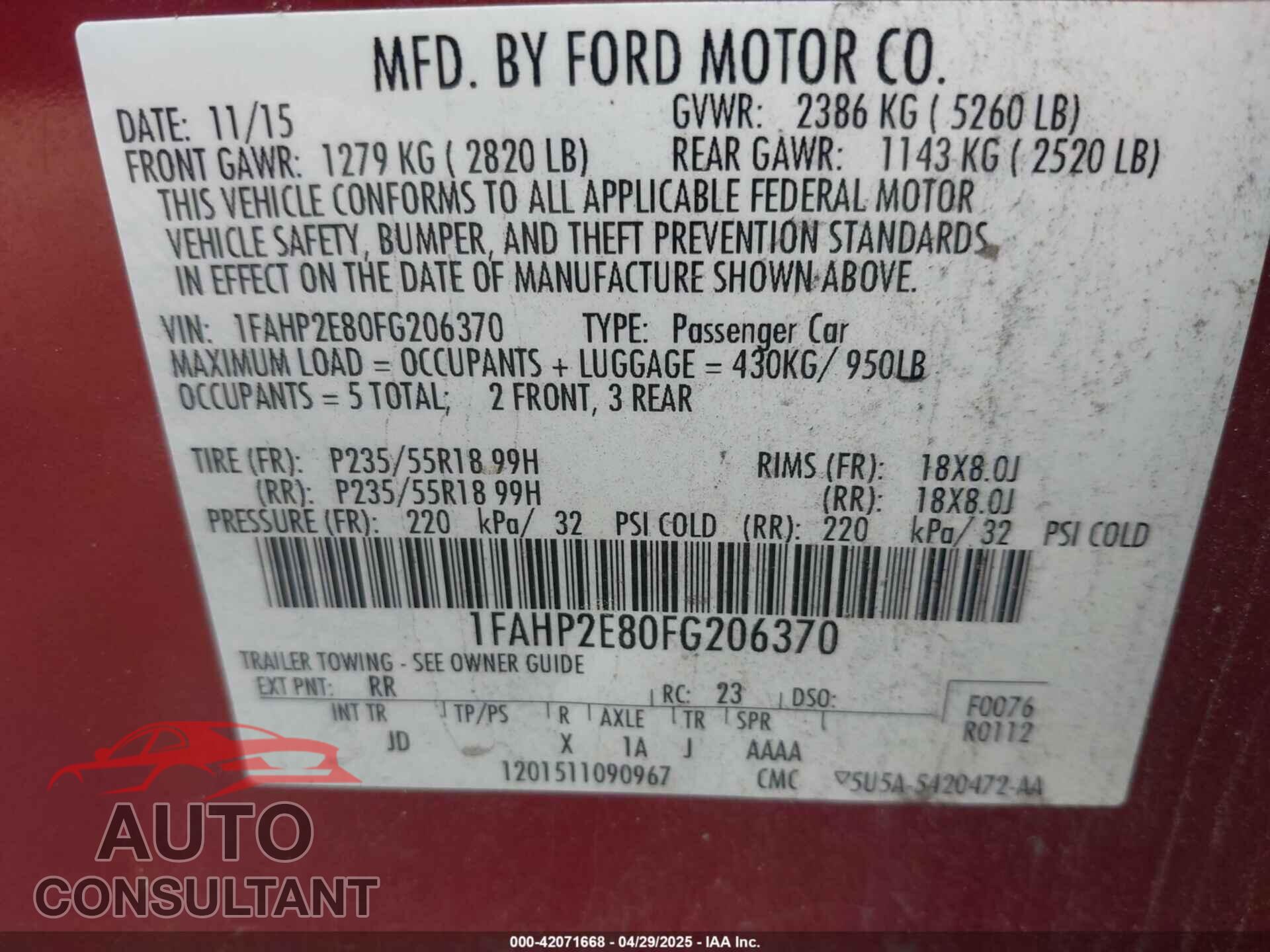 FORD TAURUS 2015 - 1FAHP2E80FG206370