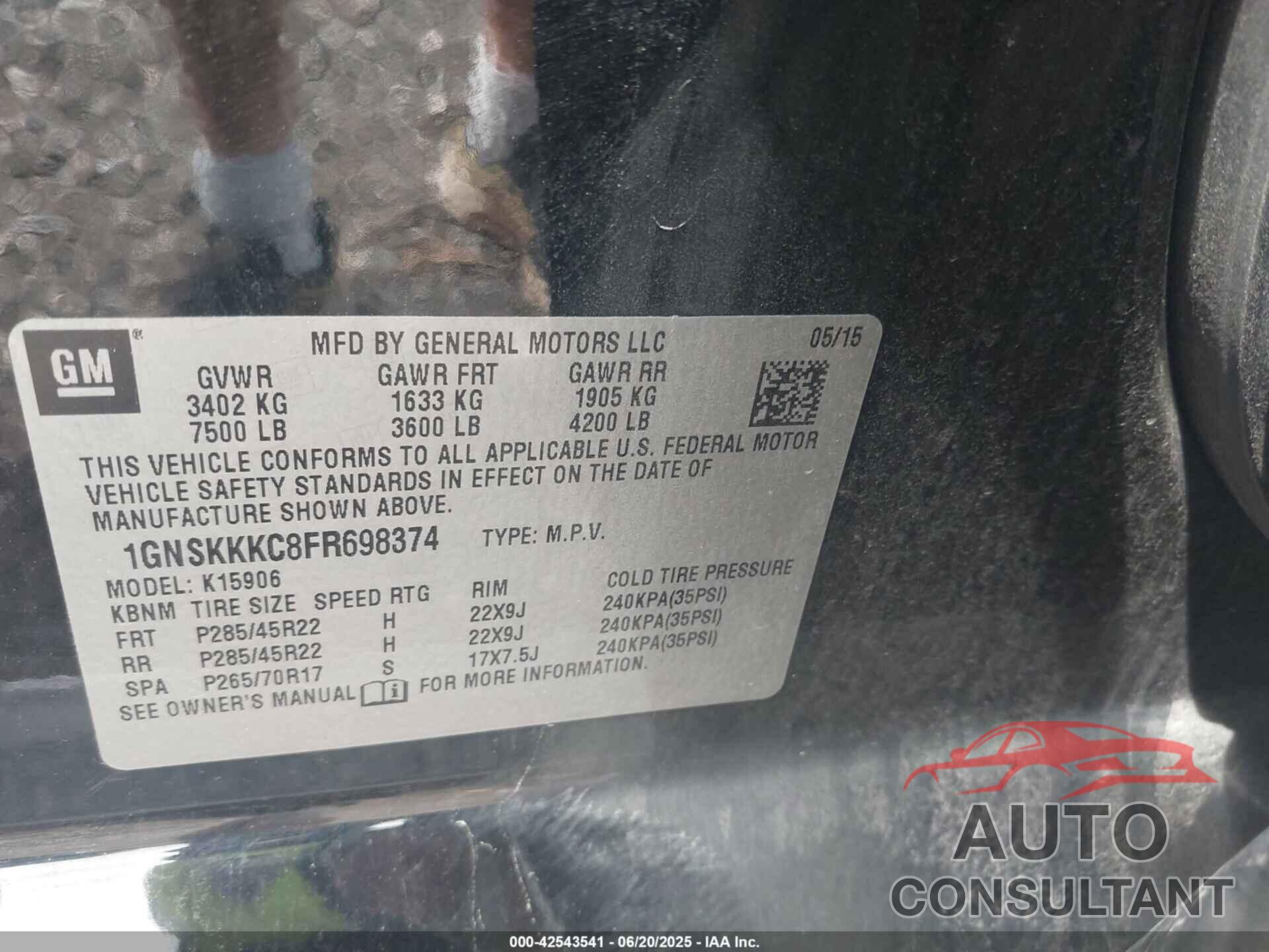 CHEVROLET SUBURBAN 1500 2015 - 1GNSKKKC8FR698374