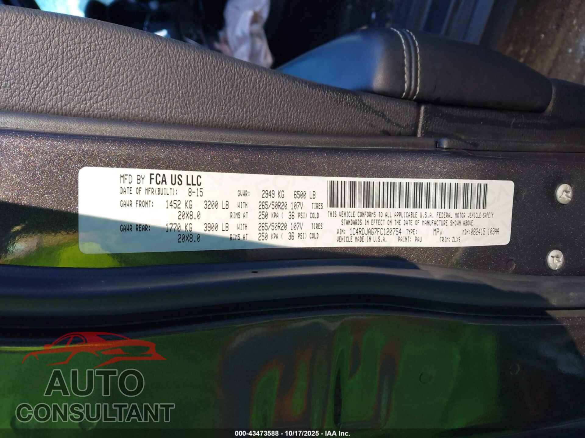 DODGE DURANGO 2015 - 1C4RDJAG7FC120754