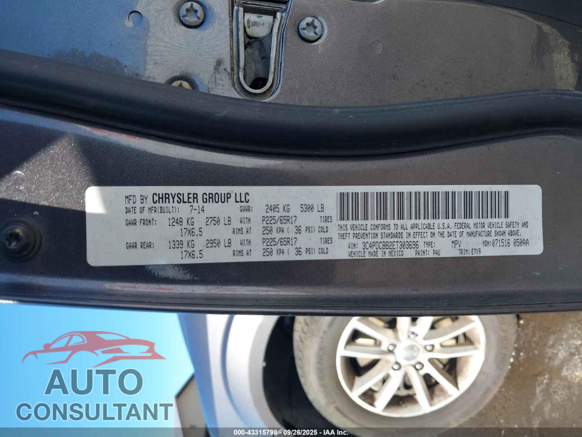 DODGE JOURNEY 2014 - 3C4PDCBB2ET303696