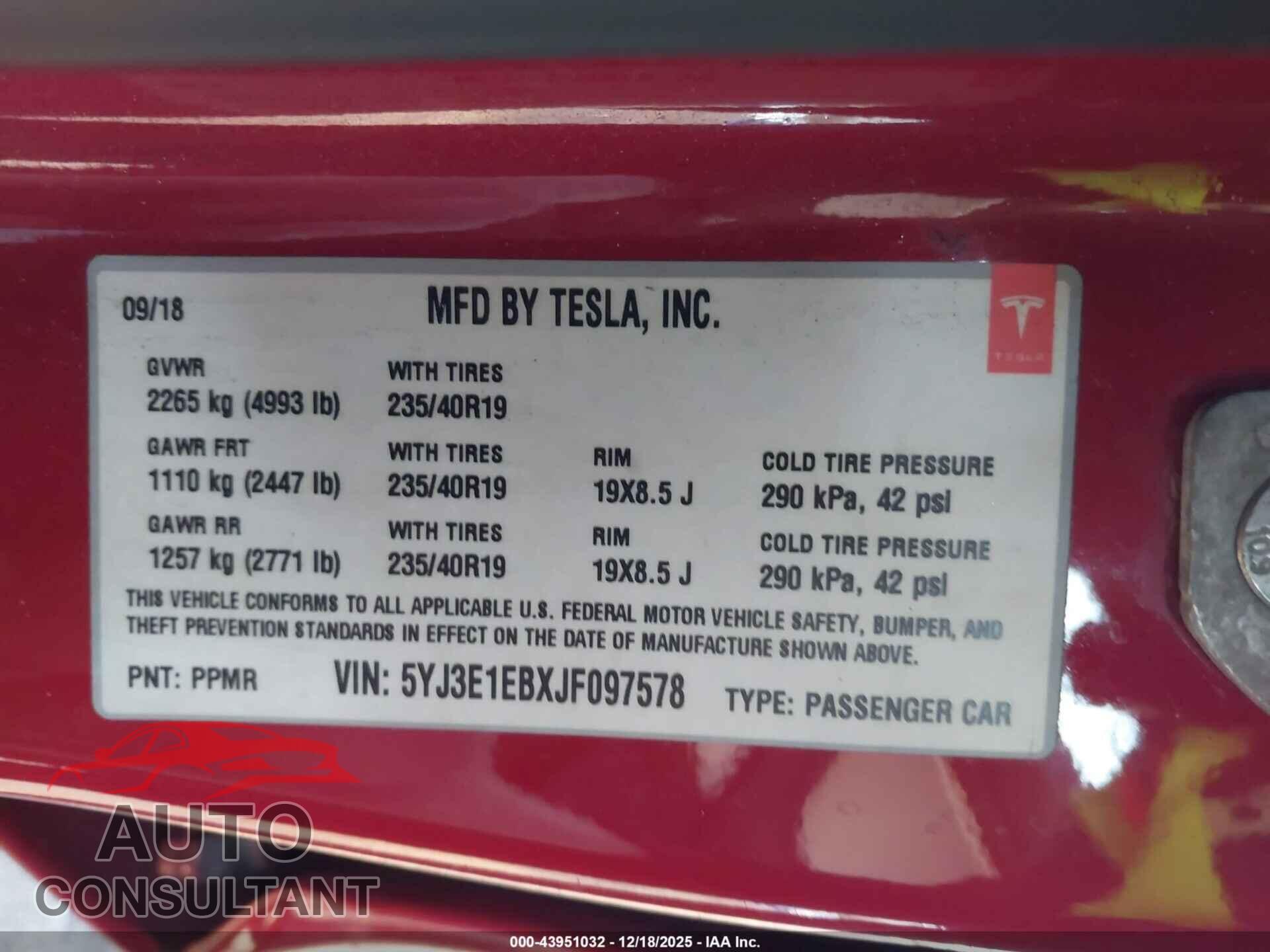 TESLA MODEL 3 2018 - 5YJ3E1EBXJF097578