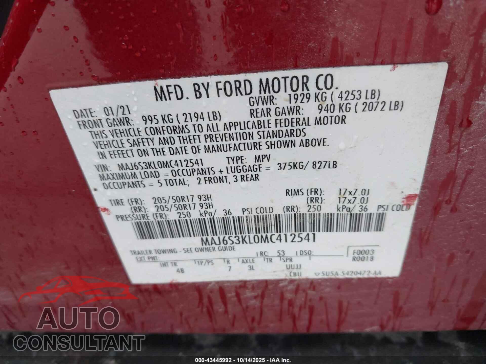 FORD ECOSPORT 2021 - MAJ6S3KL0MC412541