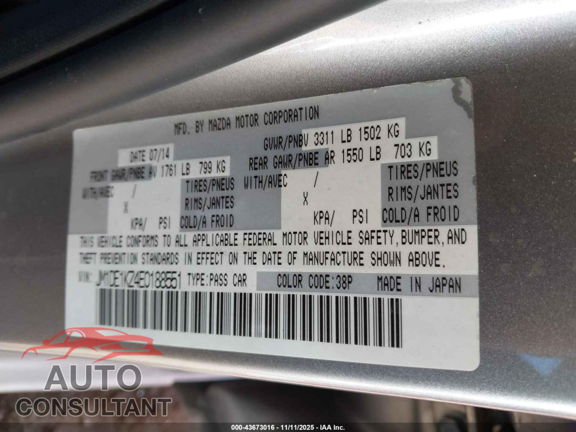 MAZDA MAZDA2 2014 - JM1DE1KZ4E0188551
