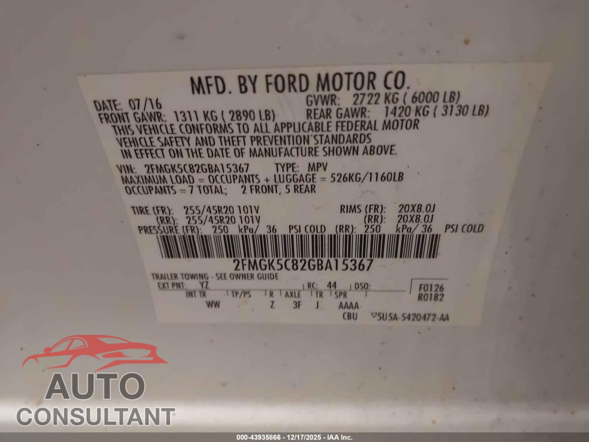 FORD FLEX 2016 - 2FMGK5C82GBA15367