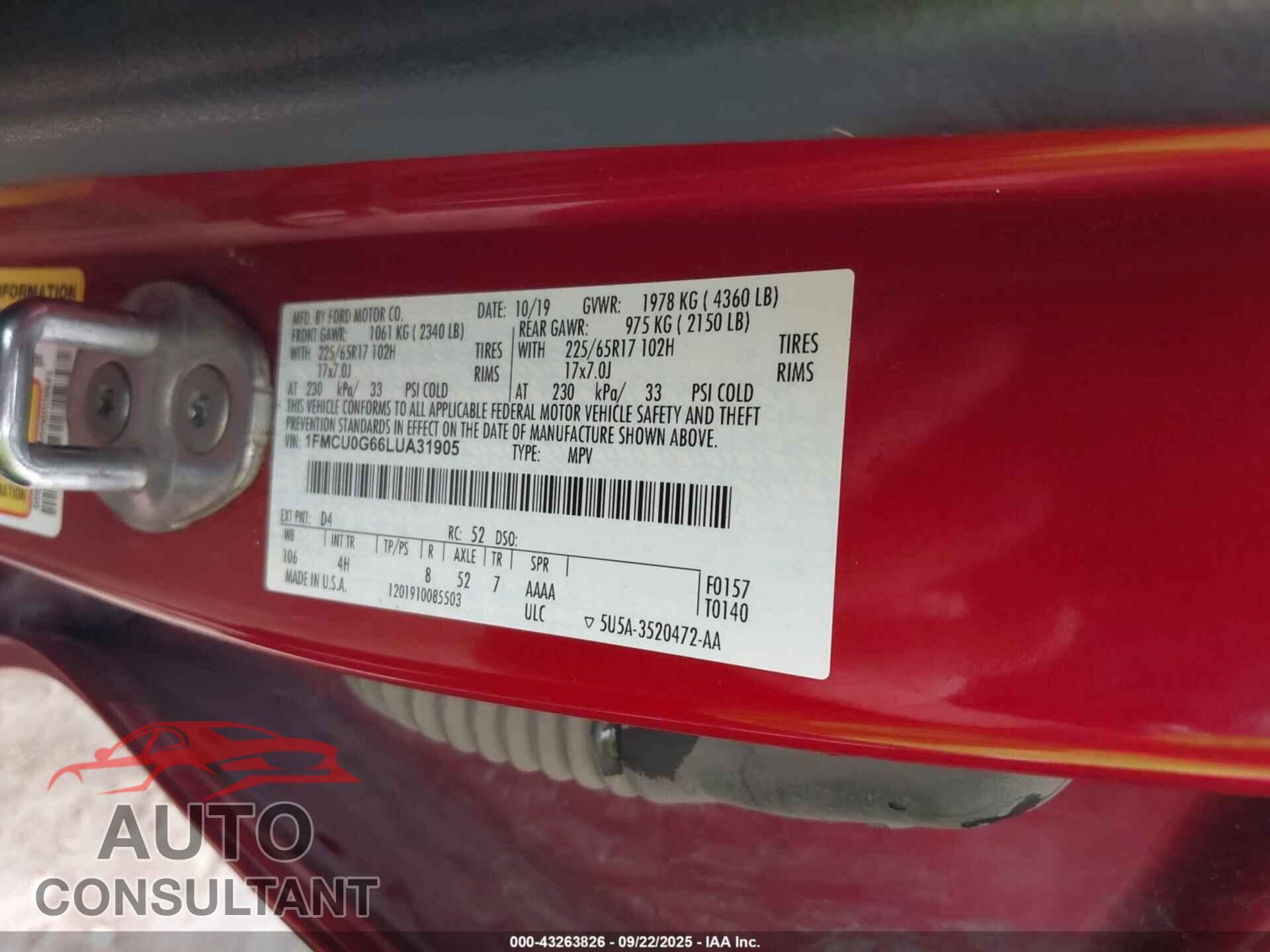 FORD ESCAPE 2020 - 1FMCU0G66LUA31905