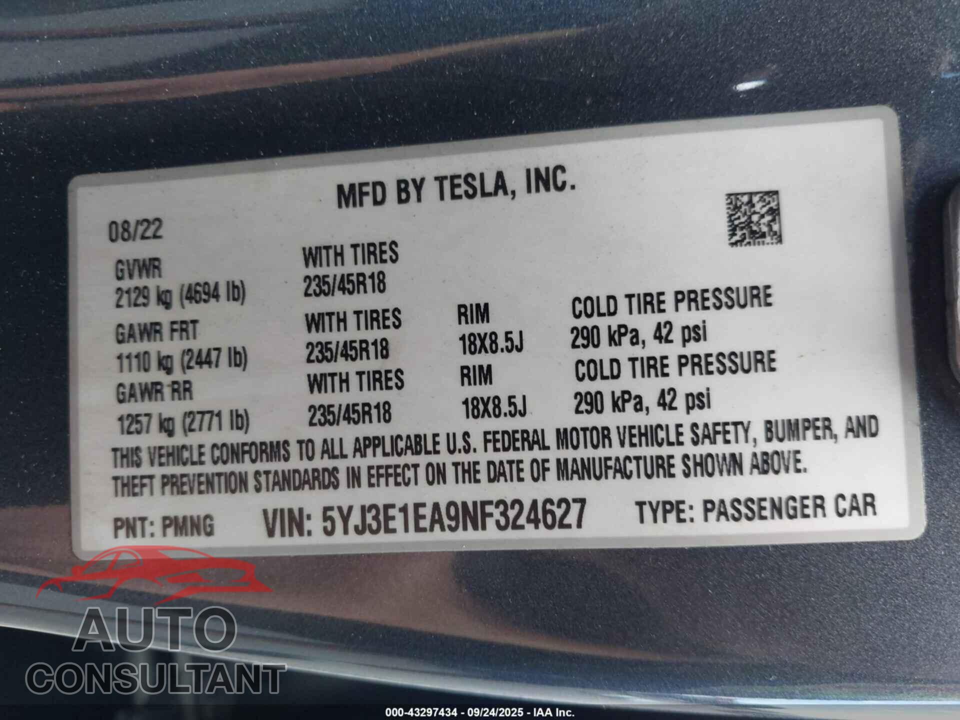 TESLA MODEL 3 2022 - 5YJ3E1EA9NF324627