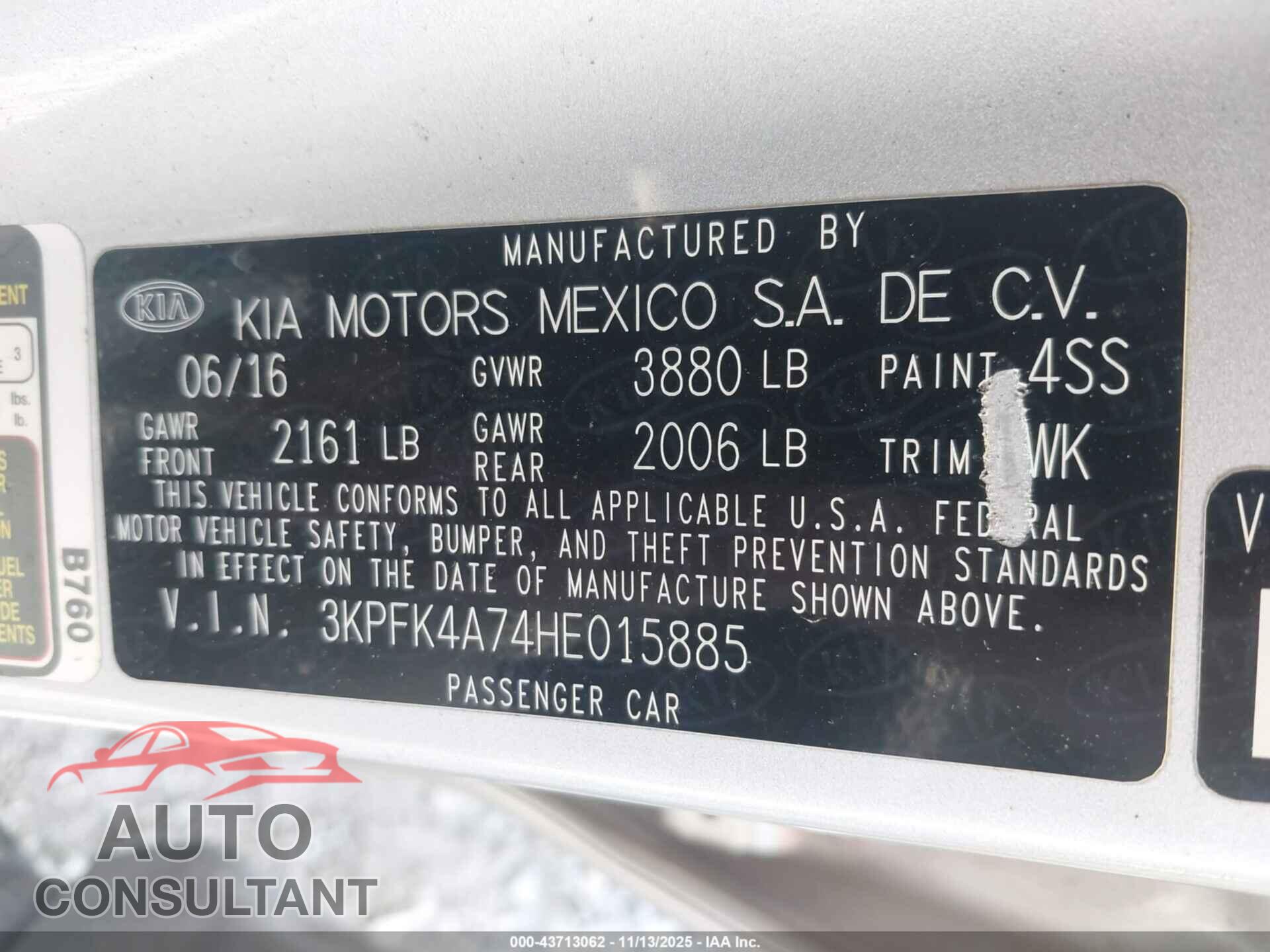 KIA FORTE 2017 - 3KPFK4A74HE015885
