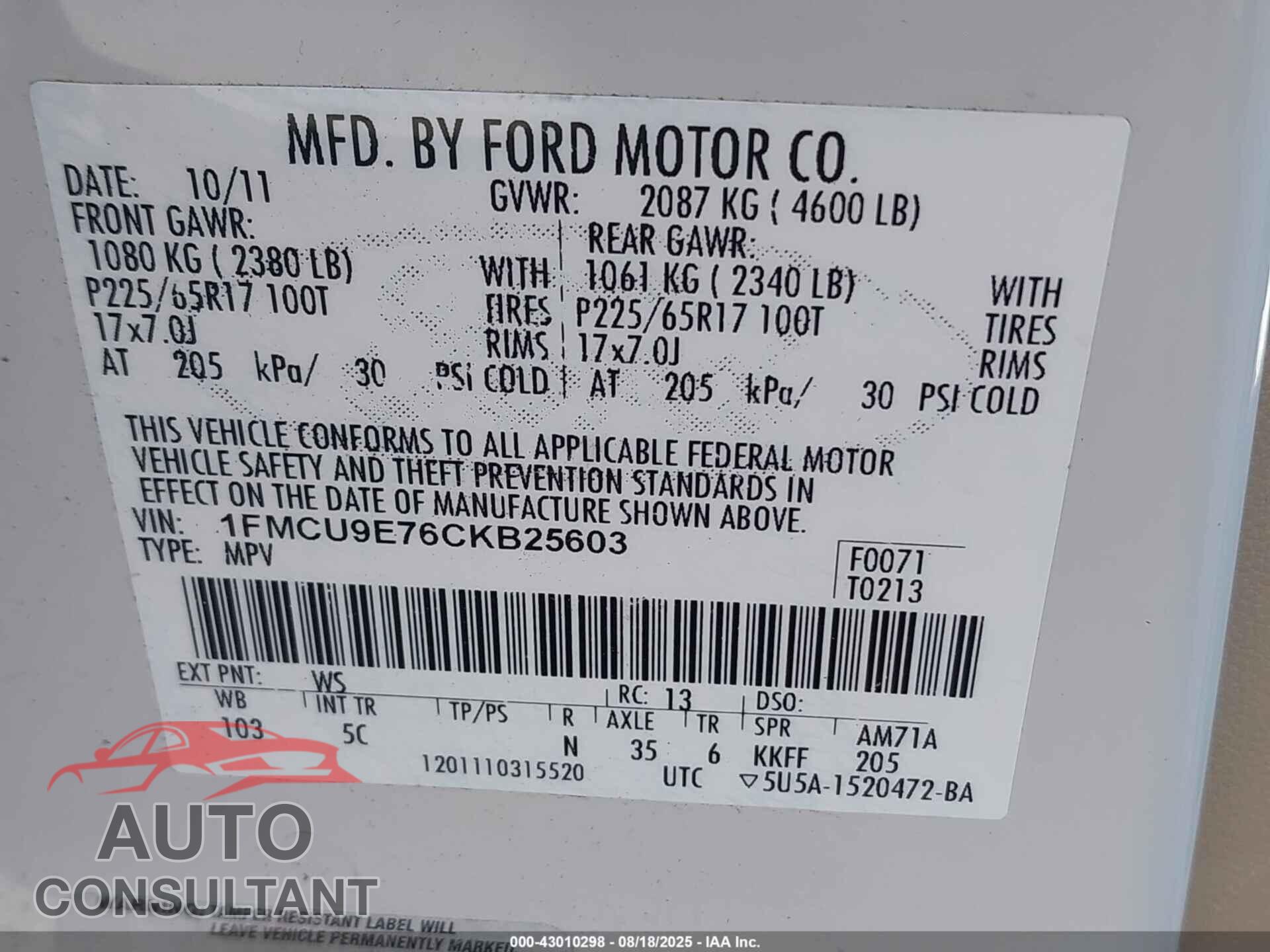 FORD ESCAPE 2012 - 1FMCU9E76CKB25603