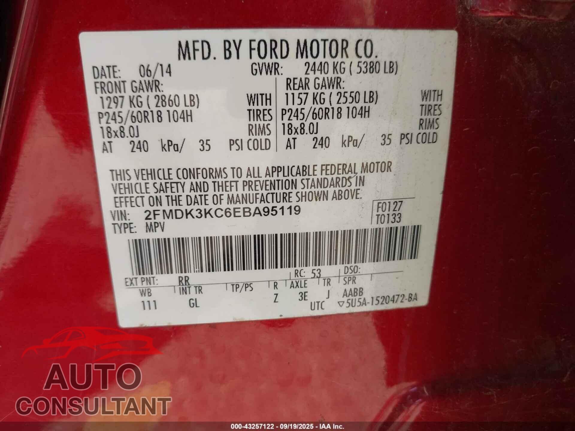 FORD EDGE 2014 - 2FMDK3KC6EBA95119
