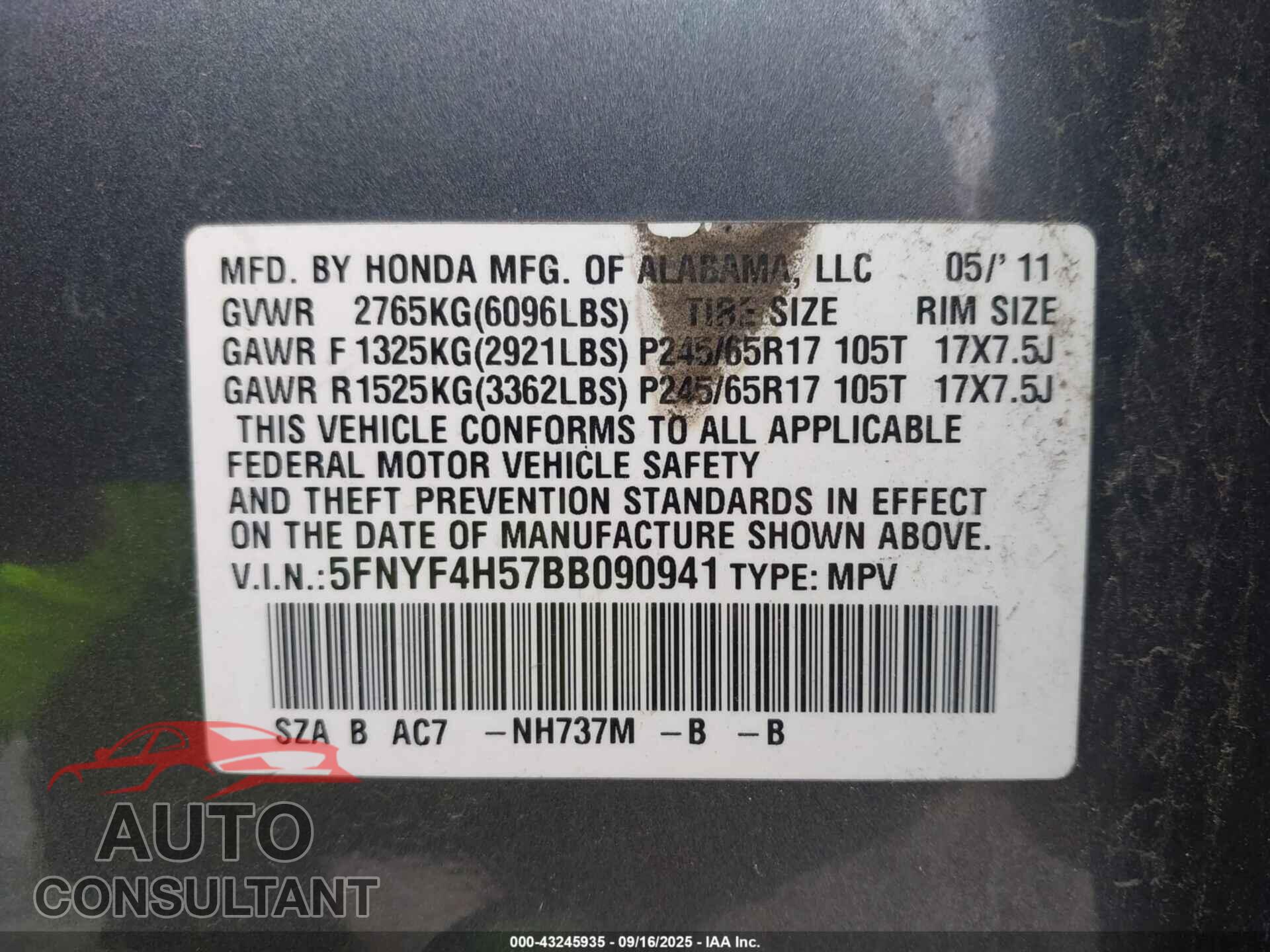 HONDA PILOT 2011 - 5FNYF4H57BB090941