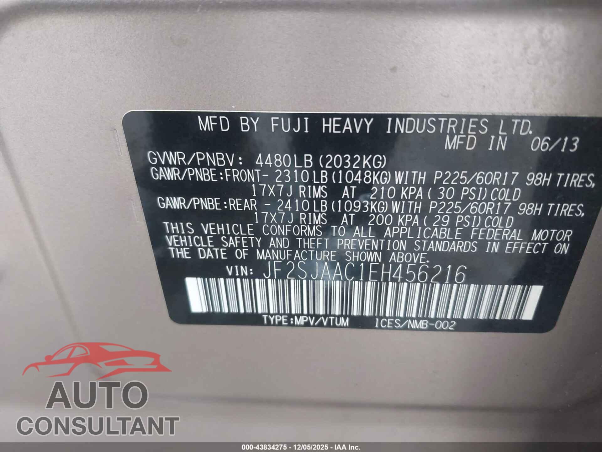 SUBARU FORESTER 2014 - JF2SJAAC1EH456216