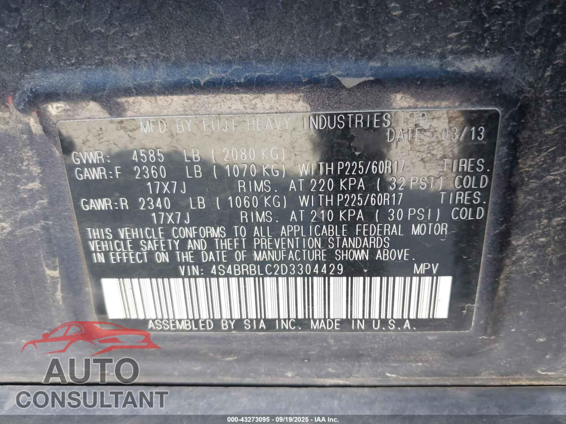 SUBARU OUTBACK 2013 - 4S4BRBLC2D3304429