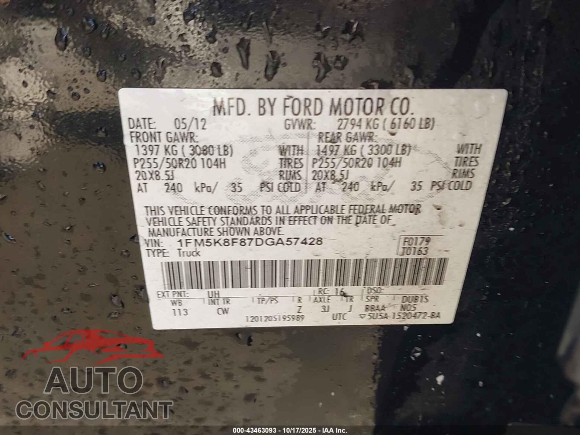 FORD EXPLORER 2013 - 1FM5K8F87DGA57428