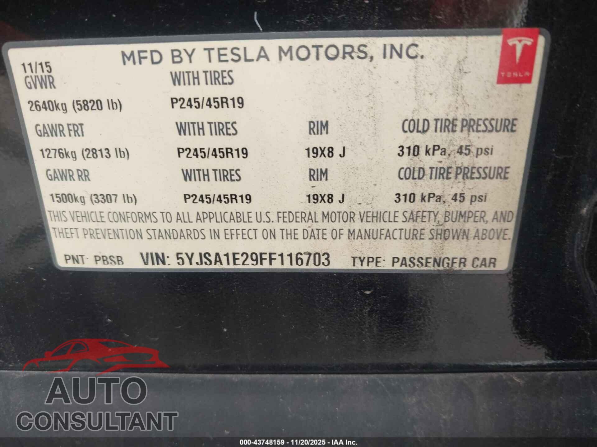 TESLA MODEL S 2015 - 5YJSA1E29FF116703