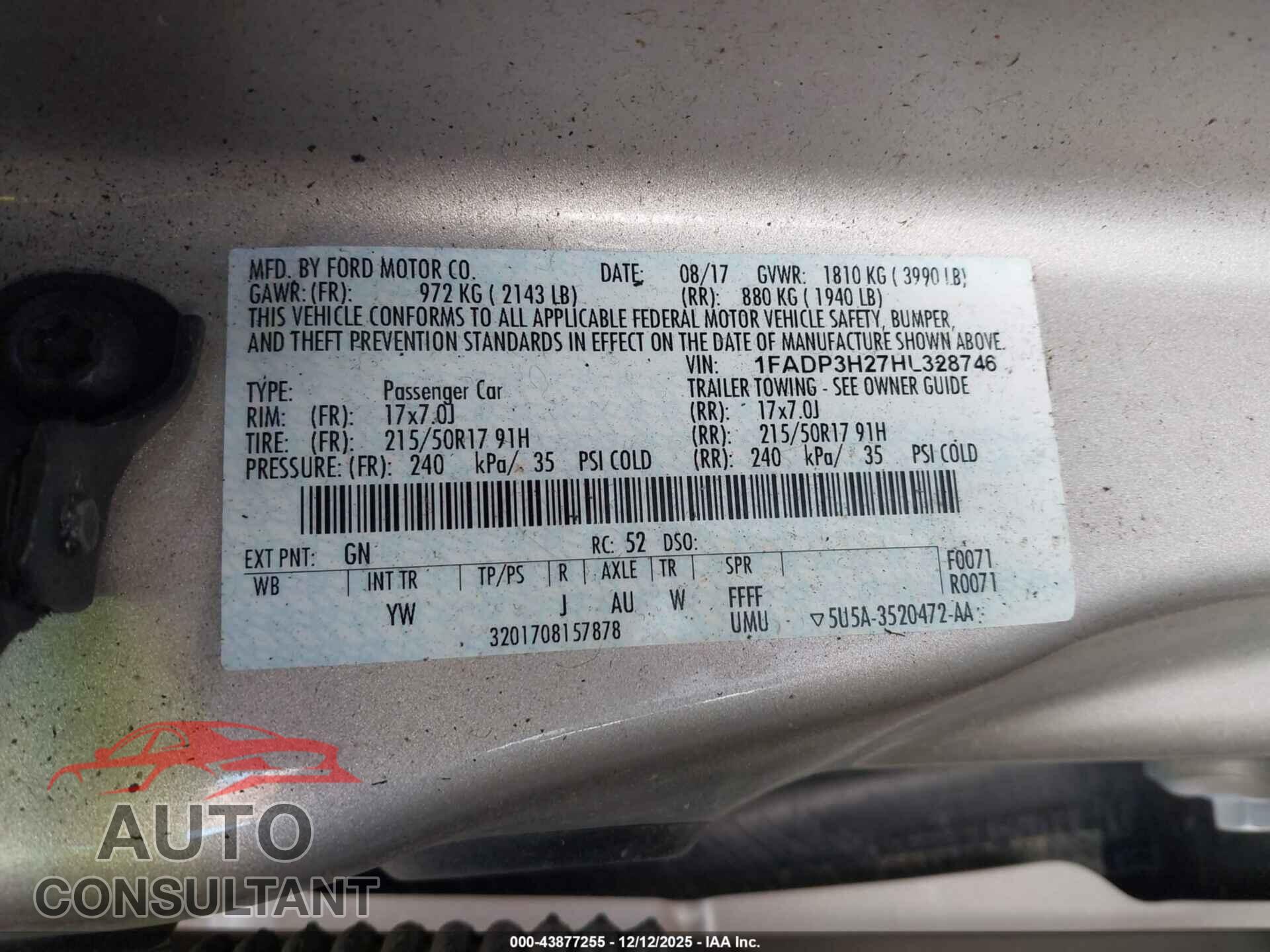 FORD FOCUS 2017 - 1FADP3H27HL328746