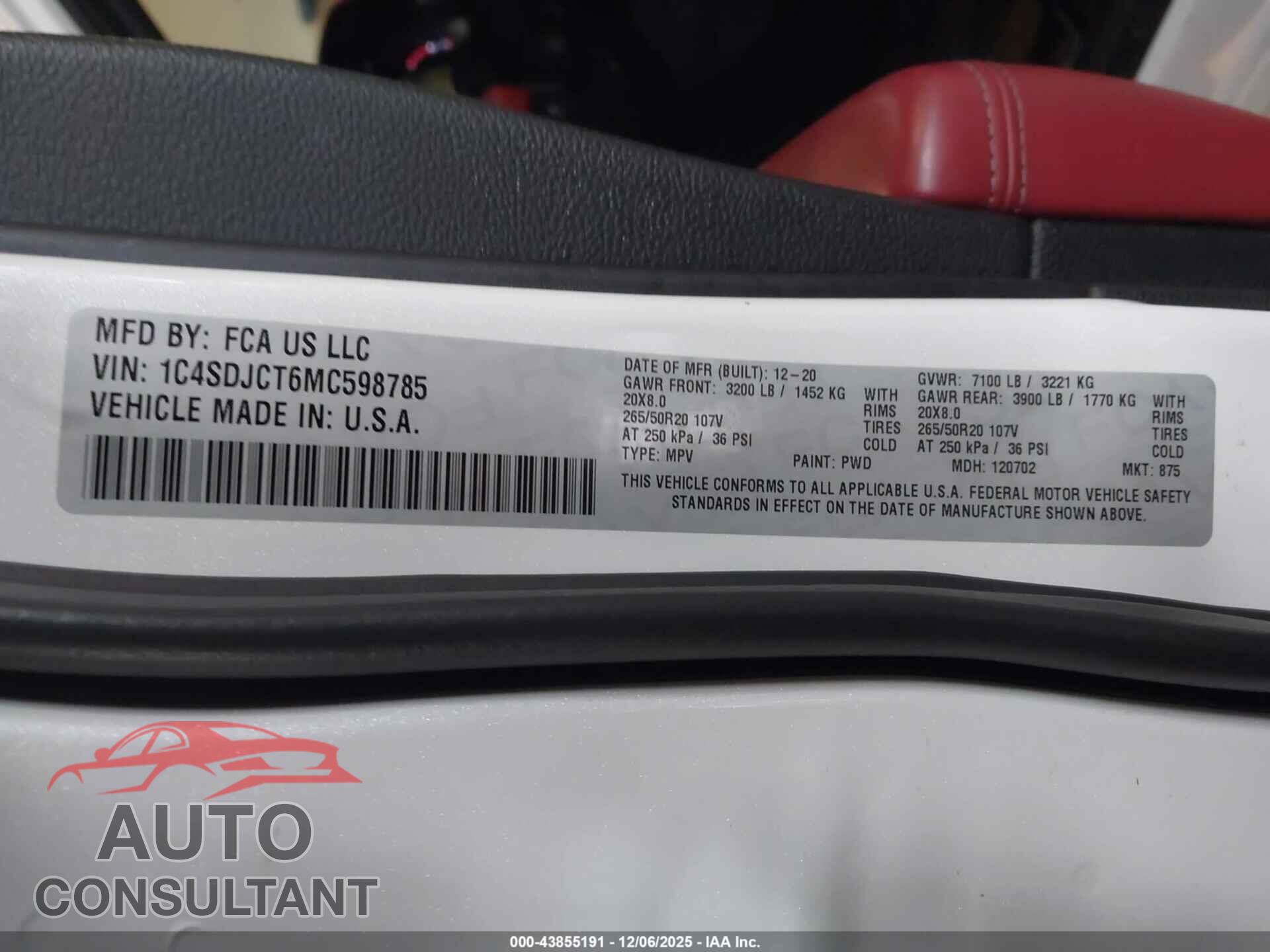 DODGE DURANGO 2021 - 1C4SDJCT6MC598785
