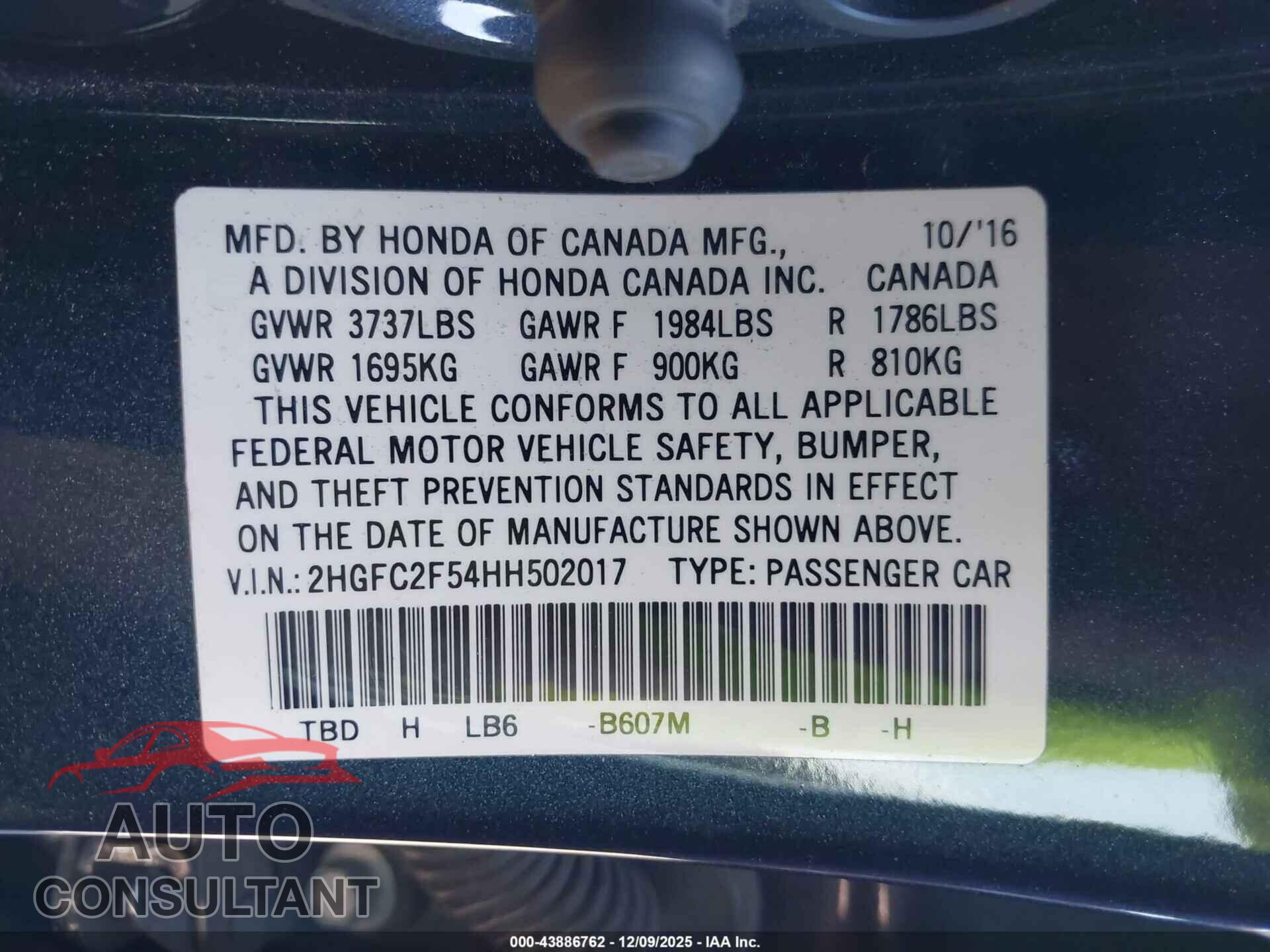 HONDA CIVIC 2017 - 2HGFC2F54HH502017
