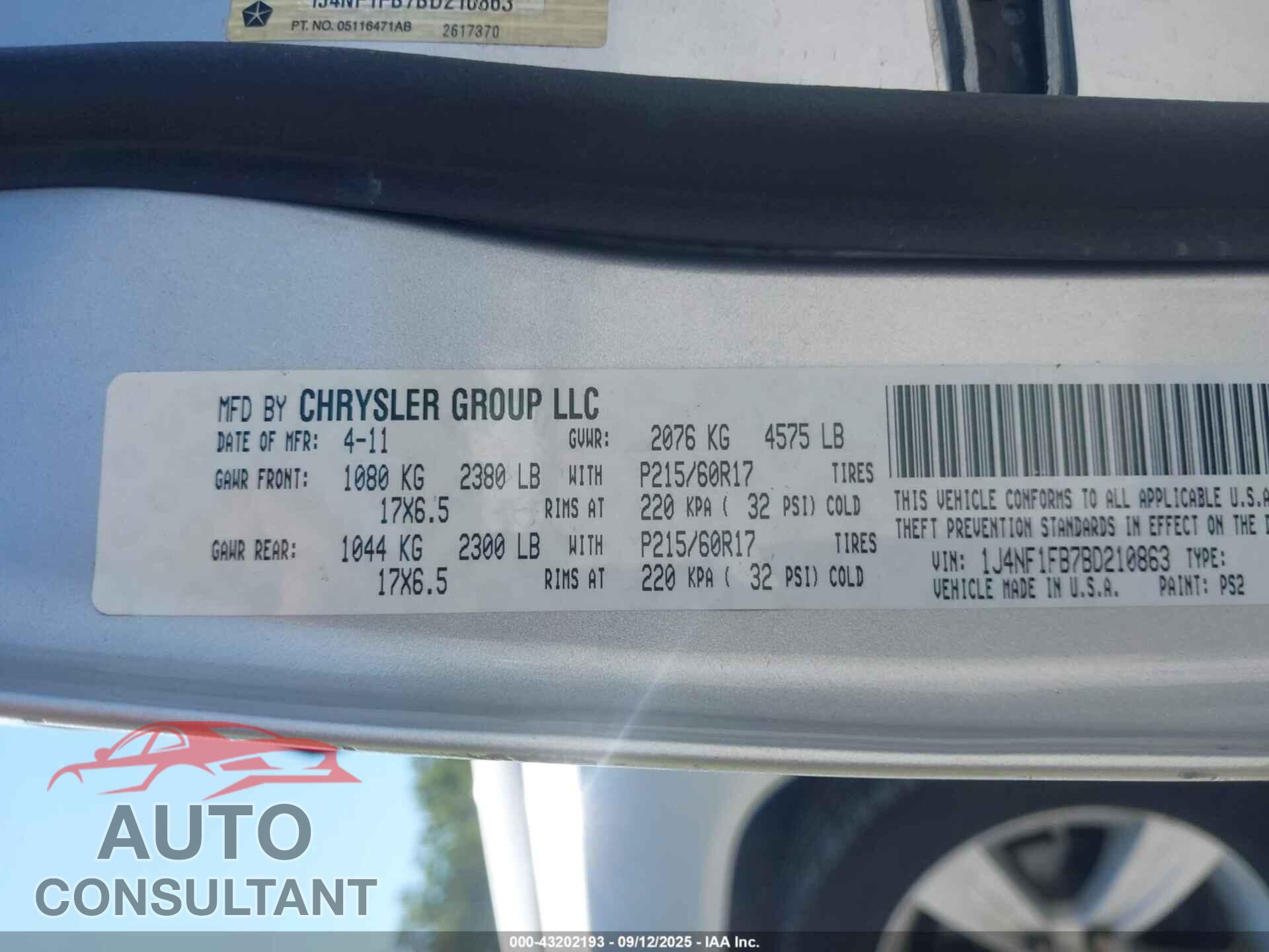 JEEP COMPASS 2011 - 1J4NF1FB7BD210863