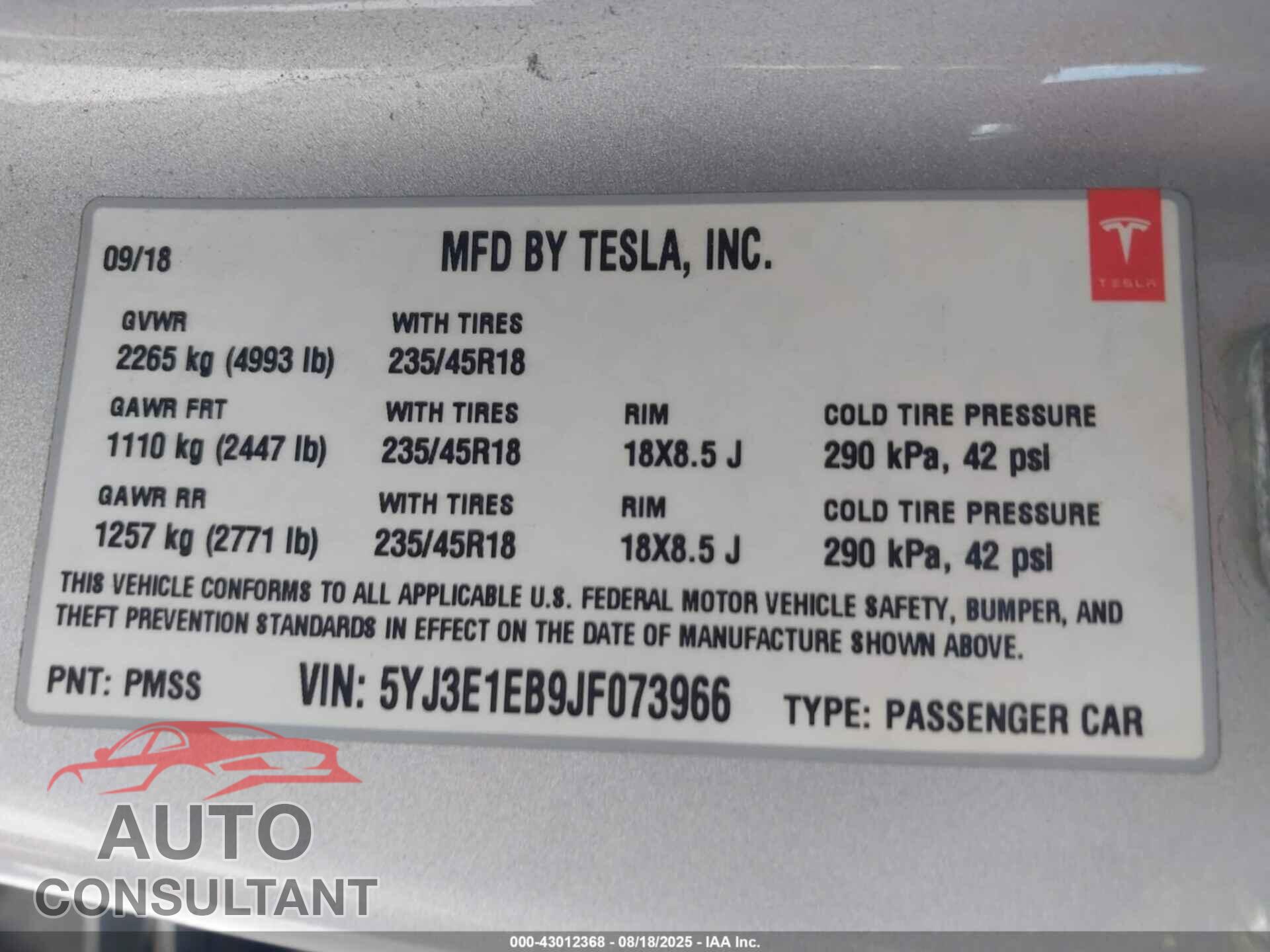TESLA MODEL 3 2018 - 5YJ3E1EB9JF073966
