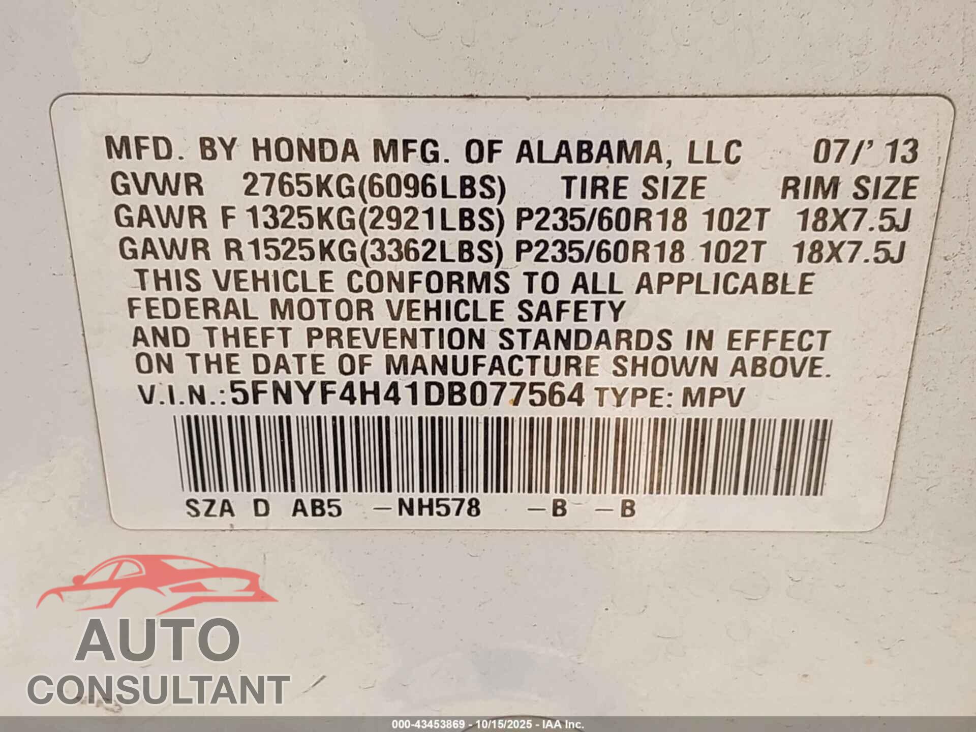 HONDA PILOT 2013 - 5FNYF4H41DB077564