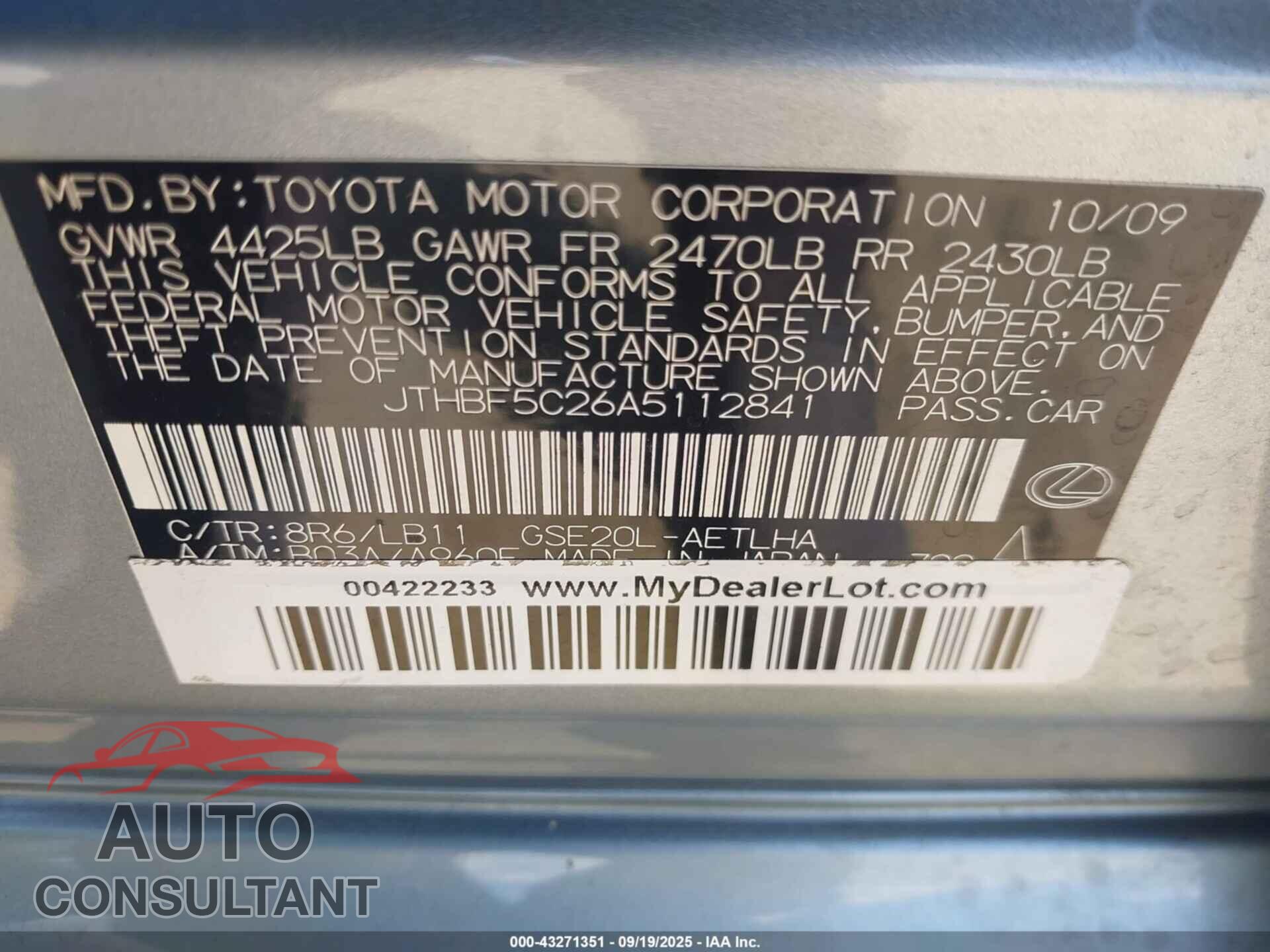 LEXUS IS 250 2010 - JTHBF5C26A5112841