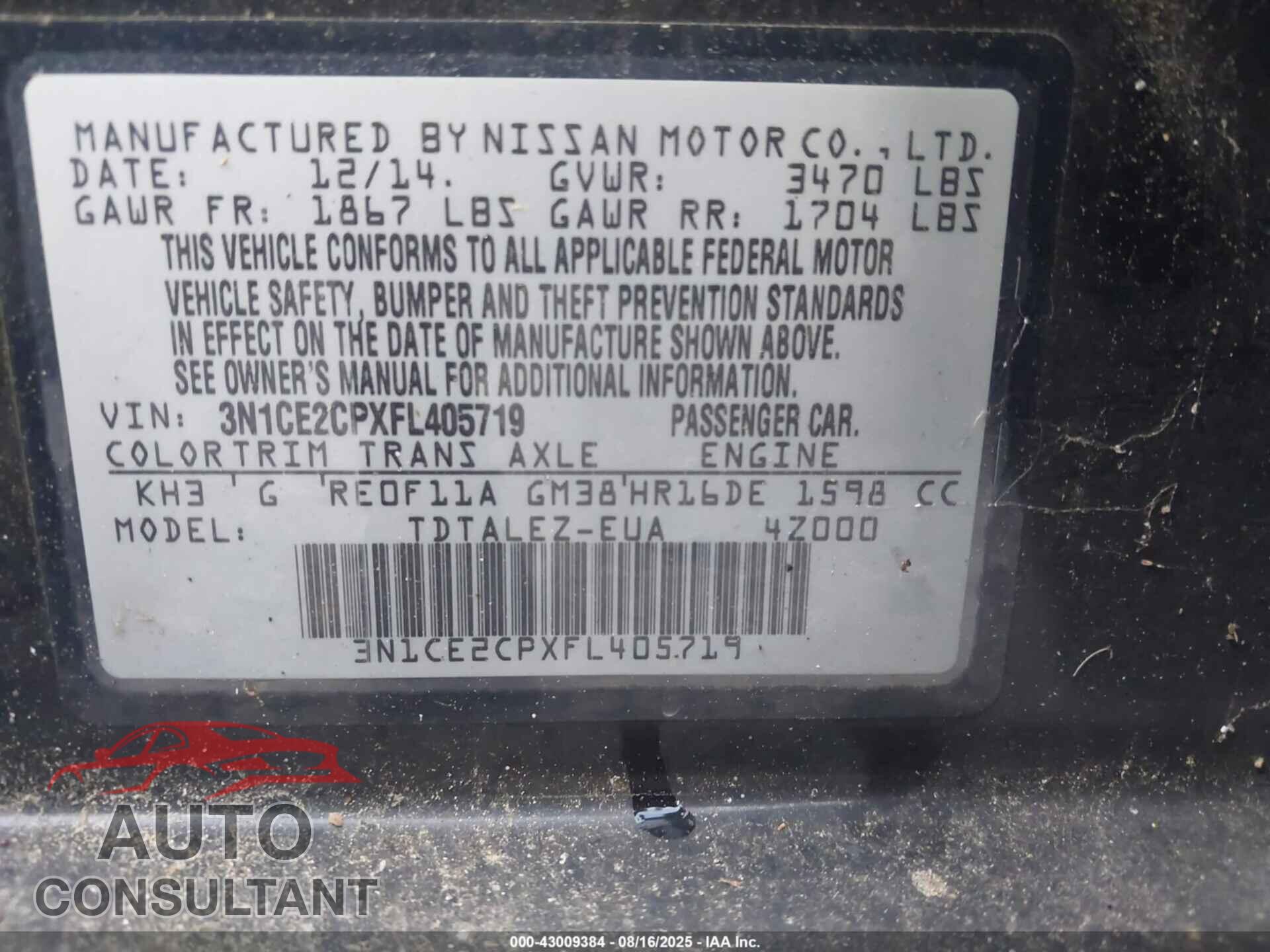 NISSAN VERSA NOTE 2015 - 3N1CE2CPXFL405719