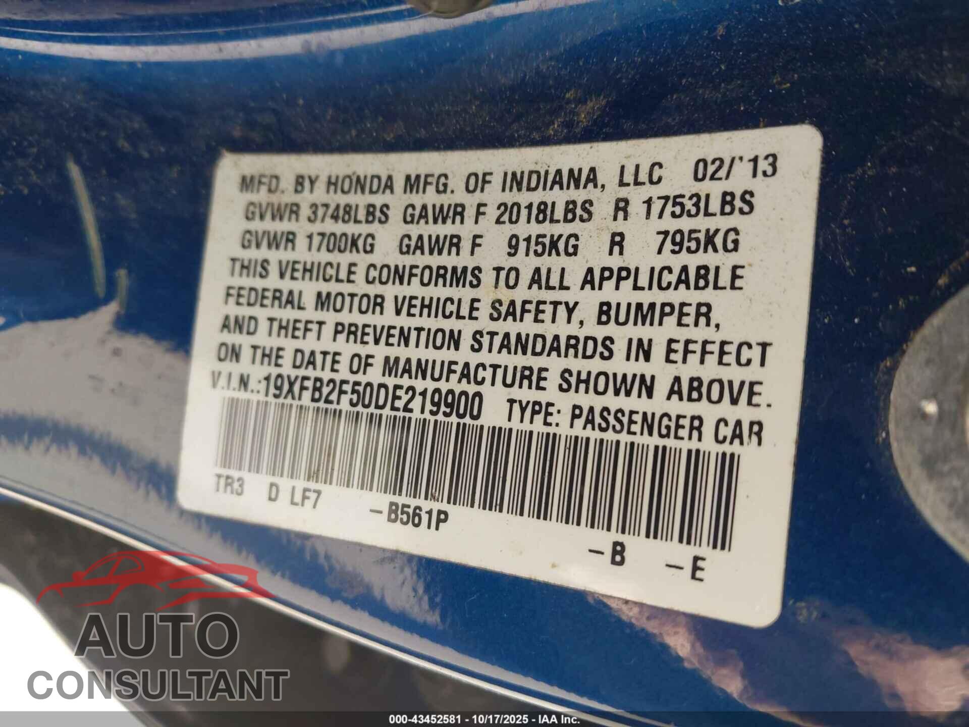 HONDA CIVIC 2013 - 19XFB2F50DE219900