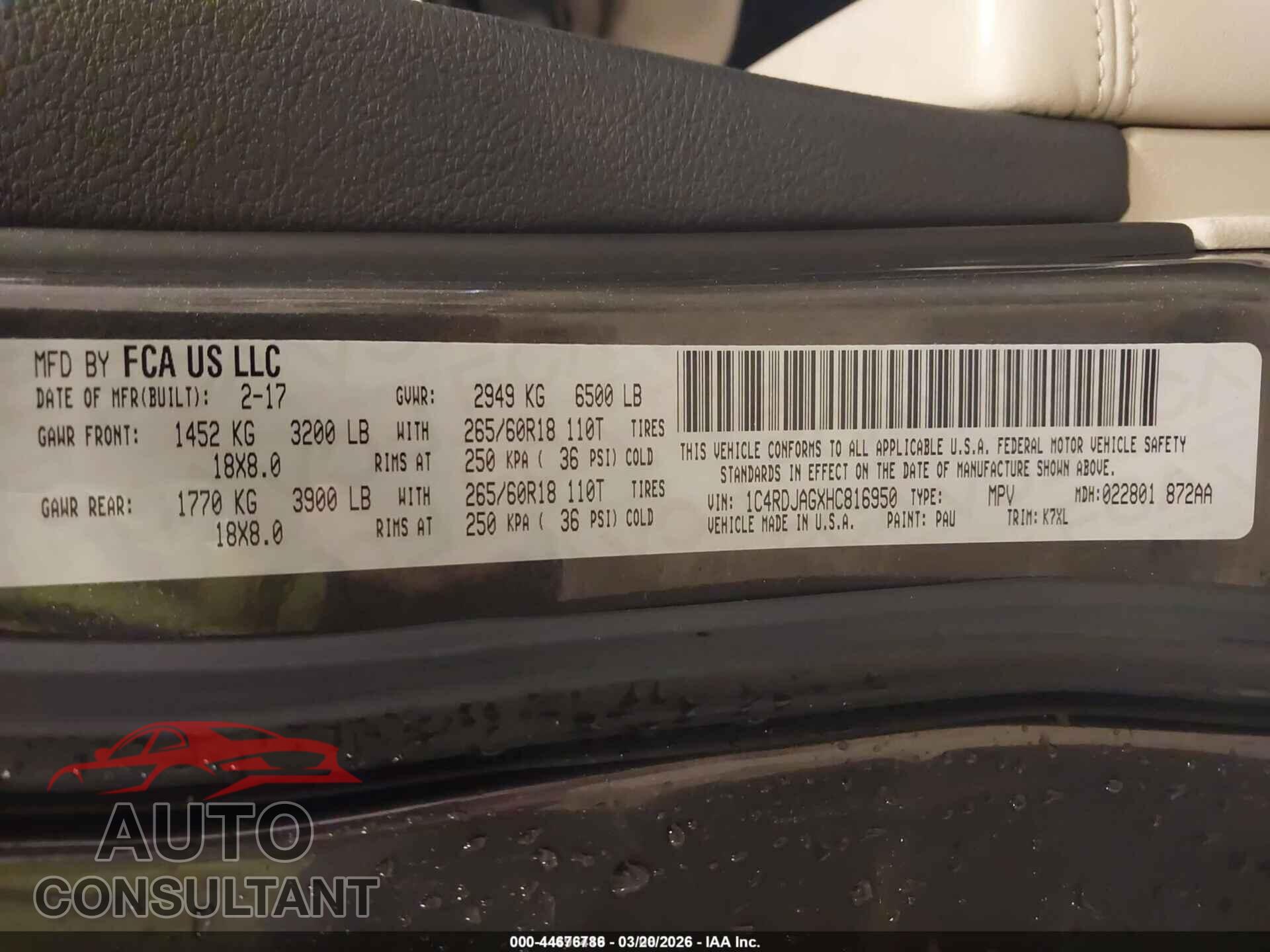 DODGE DURANGO 2017 - 1C4RDJAGXHC816950