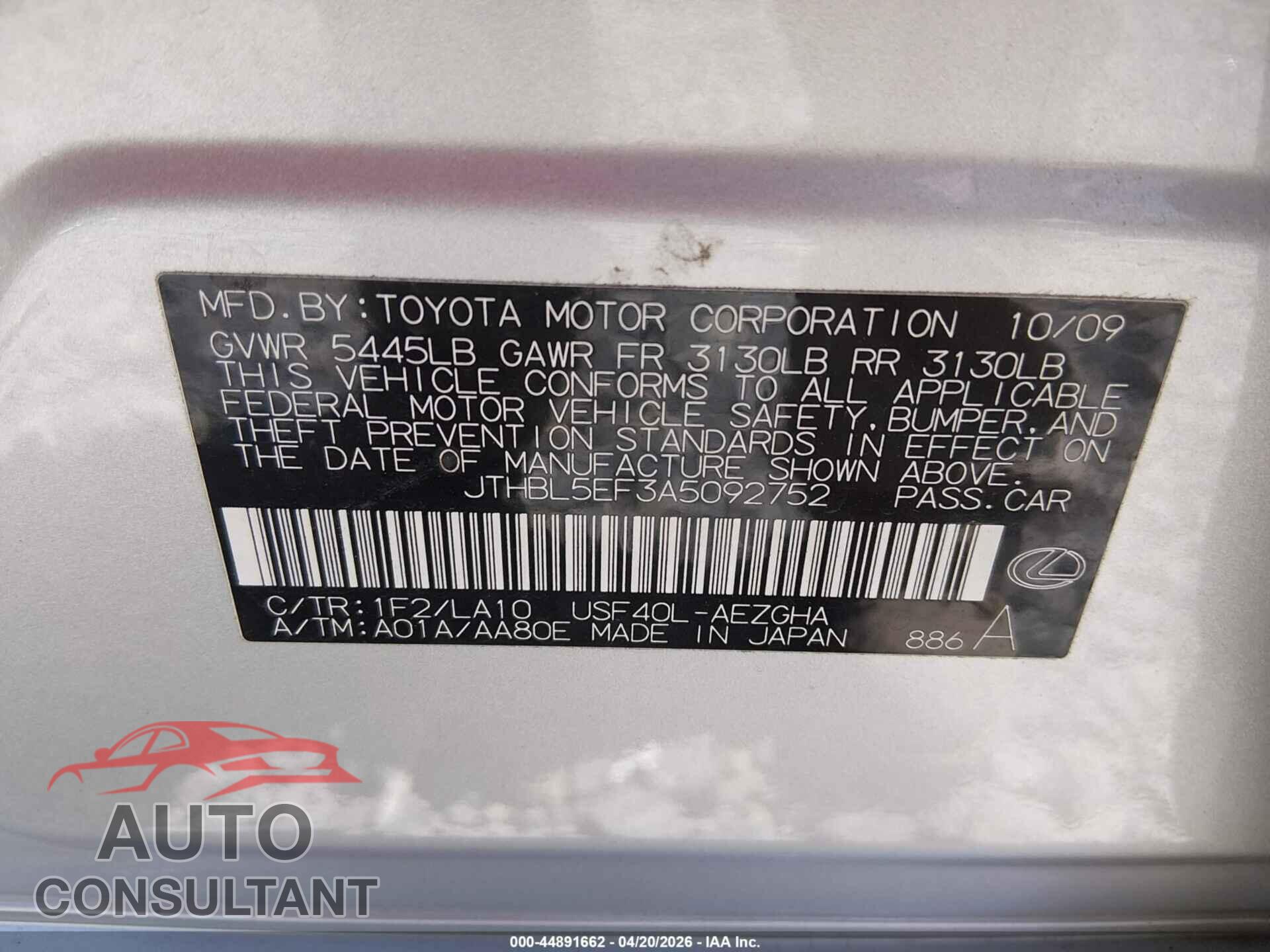 LEXUS LS 2010 - JTHBL5EF3A5092752