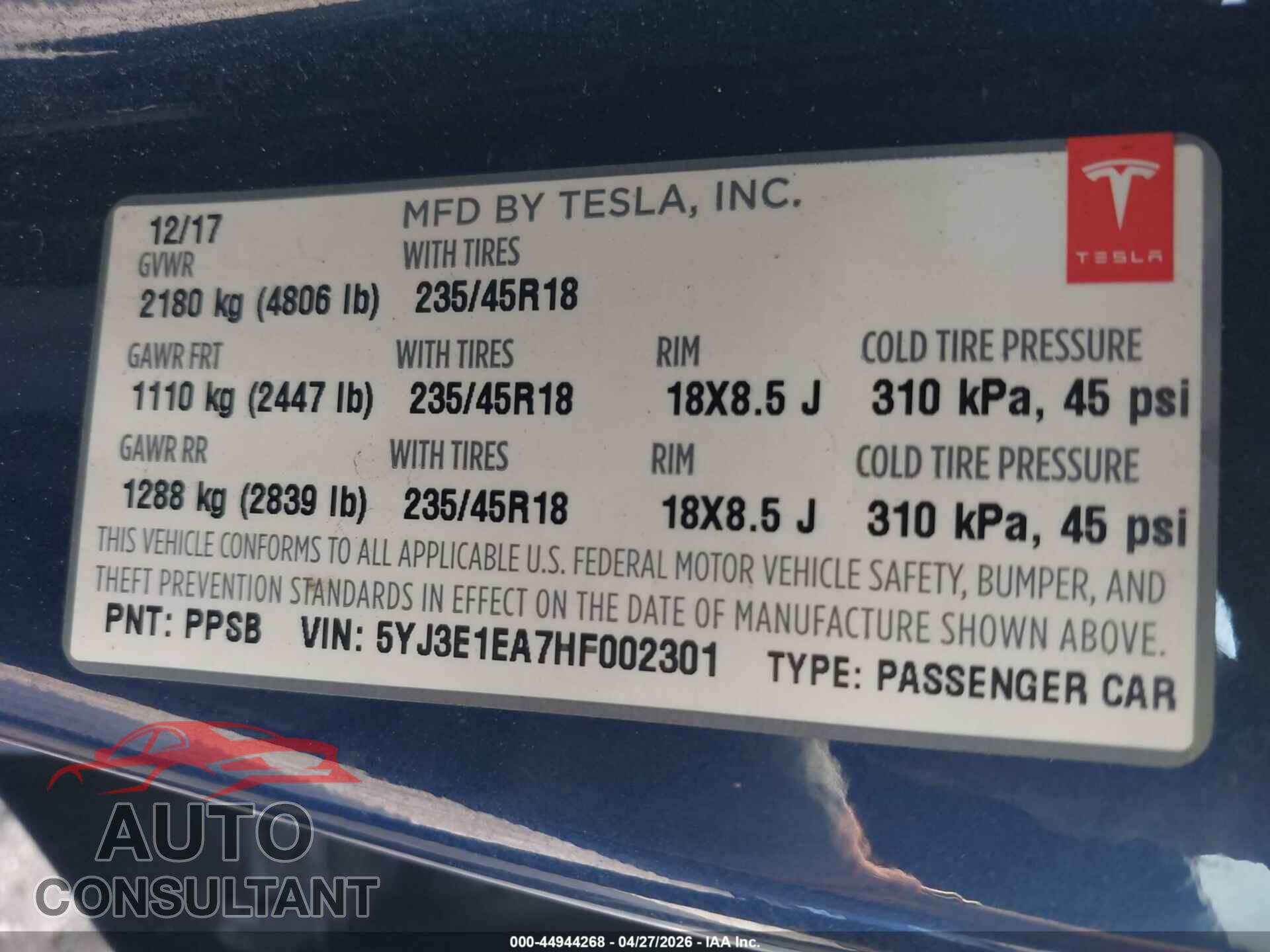 TESLA MODEL 3 2017 - 5YJ3E1EA7HF002301