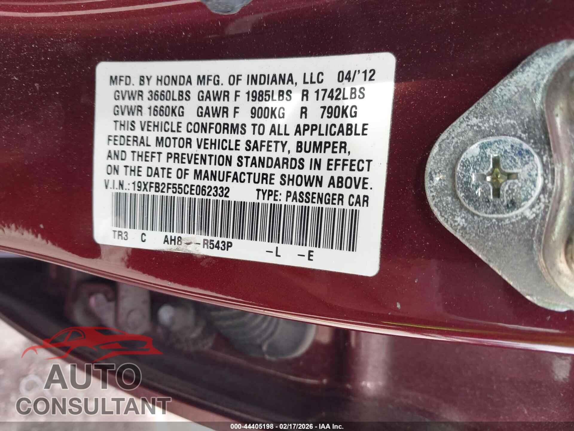 HONDA CIVIC 2012 - 19XFB2F55CE062332
