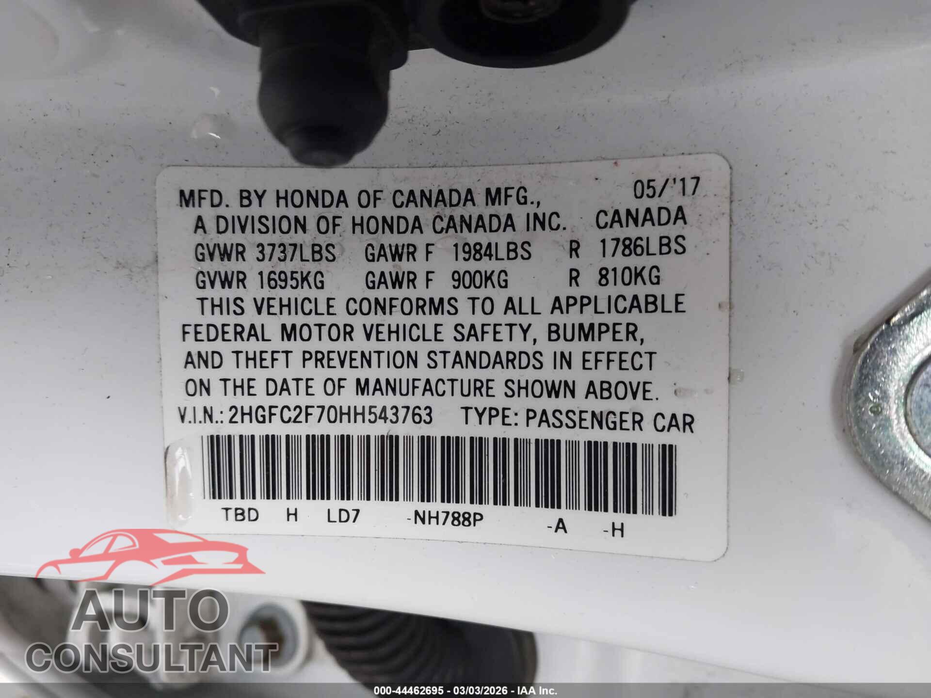 HONDA CIVIC 2017 - 2HGFC2F70HH543763