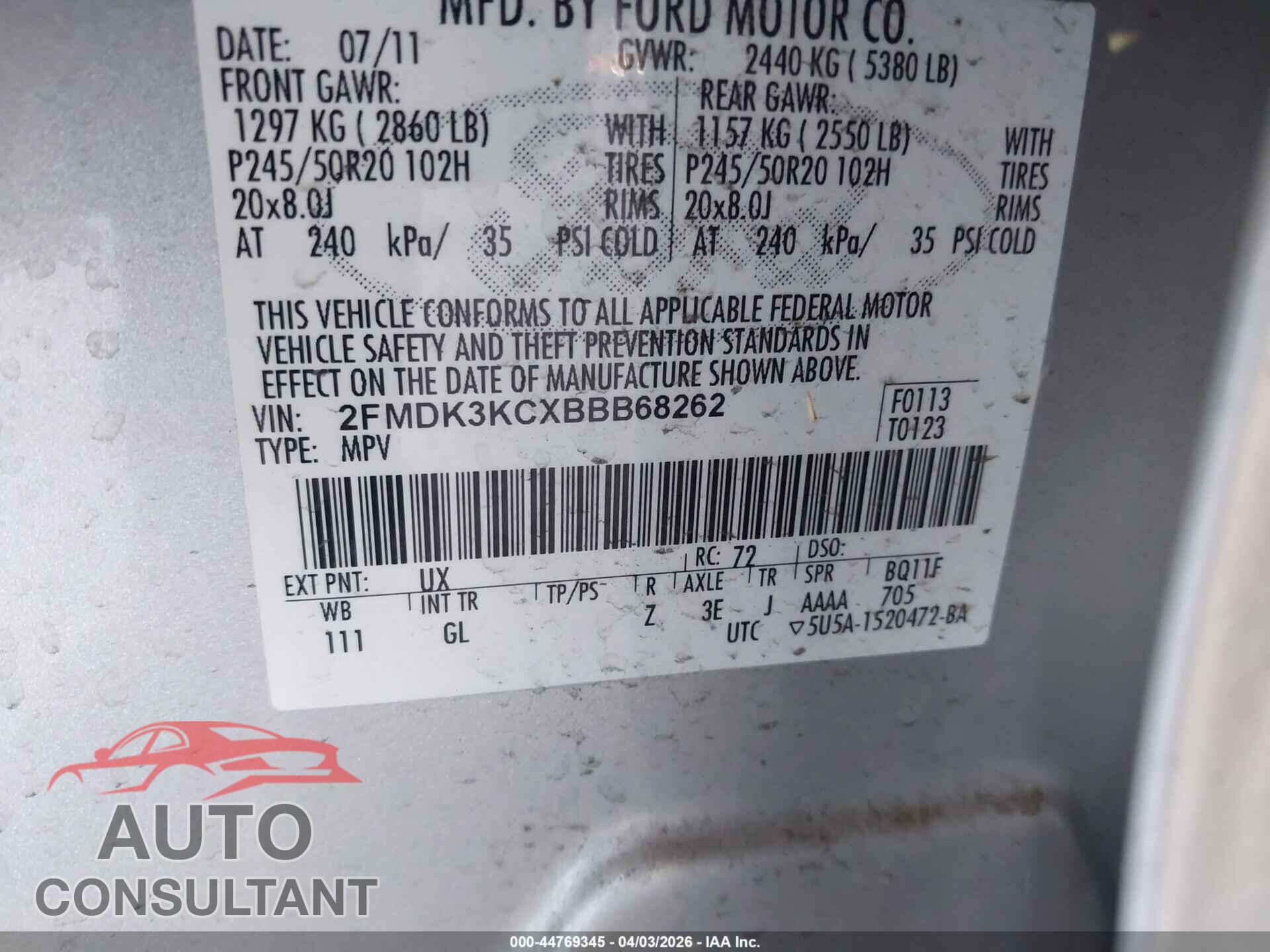 FORD EDGE 2011 - 2FMDK3KCXBBB68262