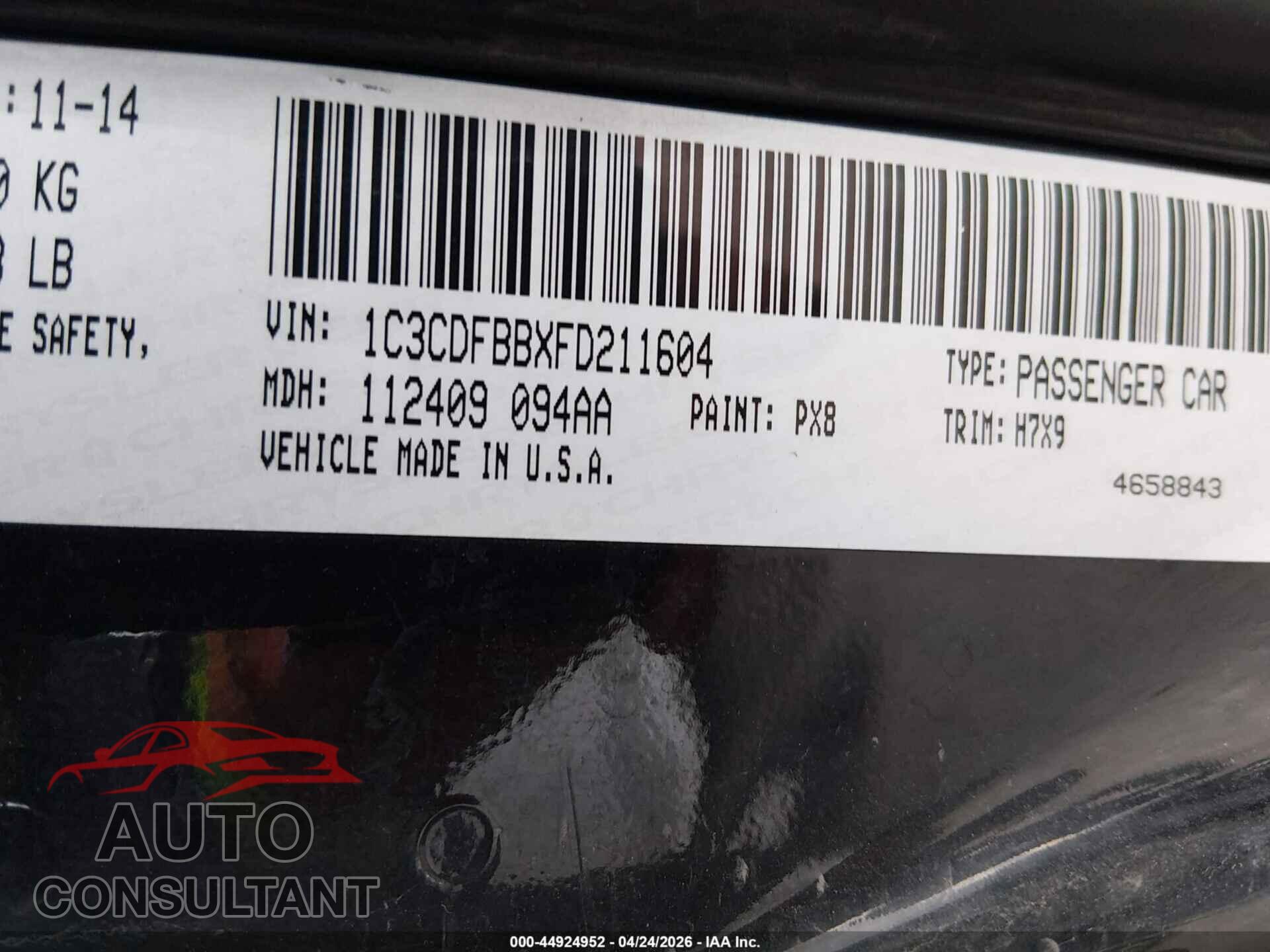 DODGE DART 2015 - 1C3CDFBBXFD211604