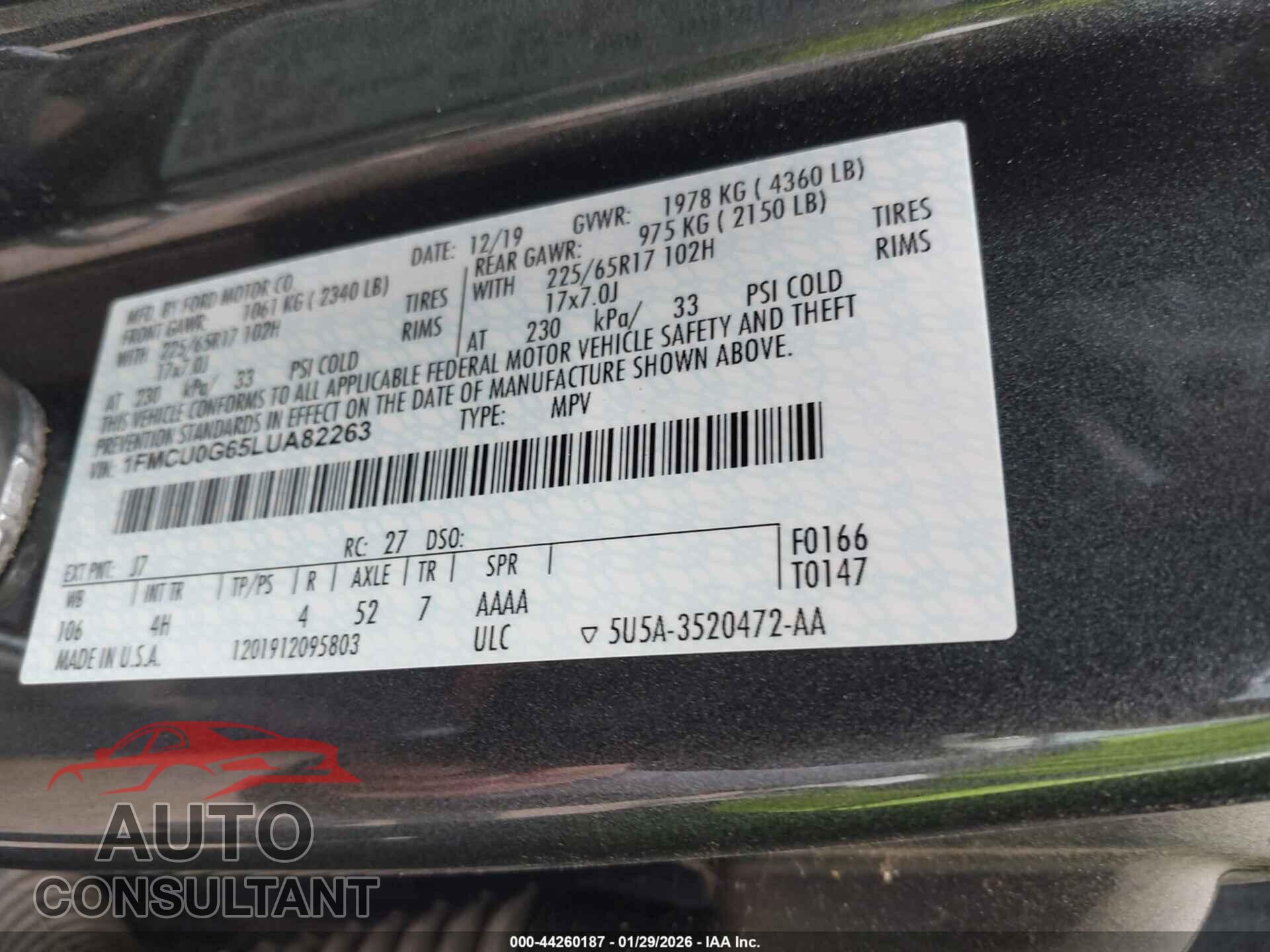 FORD ESCAPE 2020 - 1FMCU0G65LUA82263