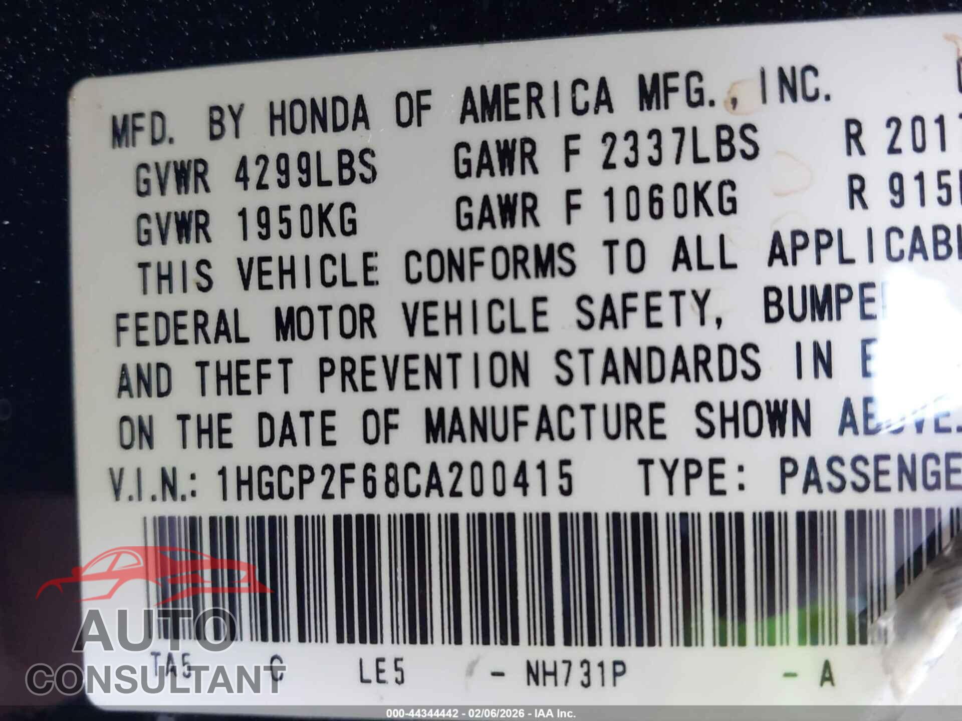 HONDA ACCORD 2012 - 1HGCP2F68CA200415