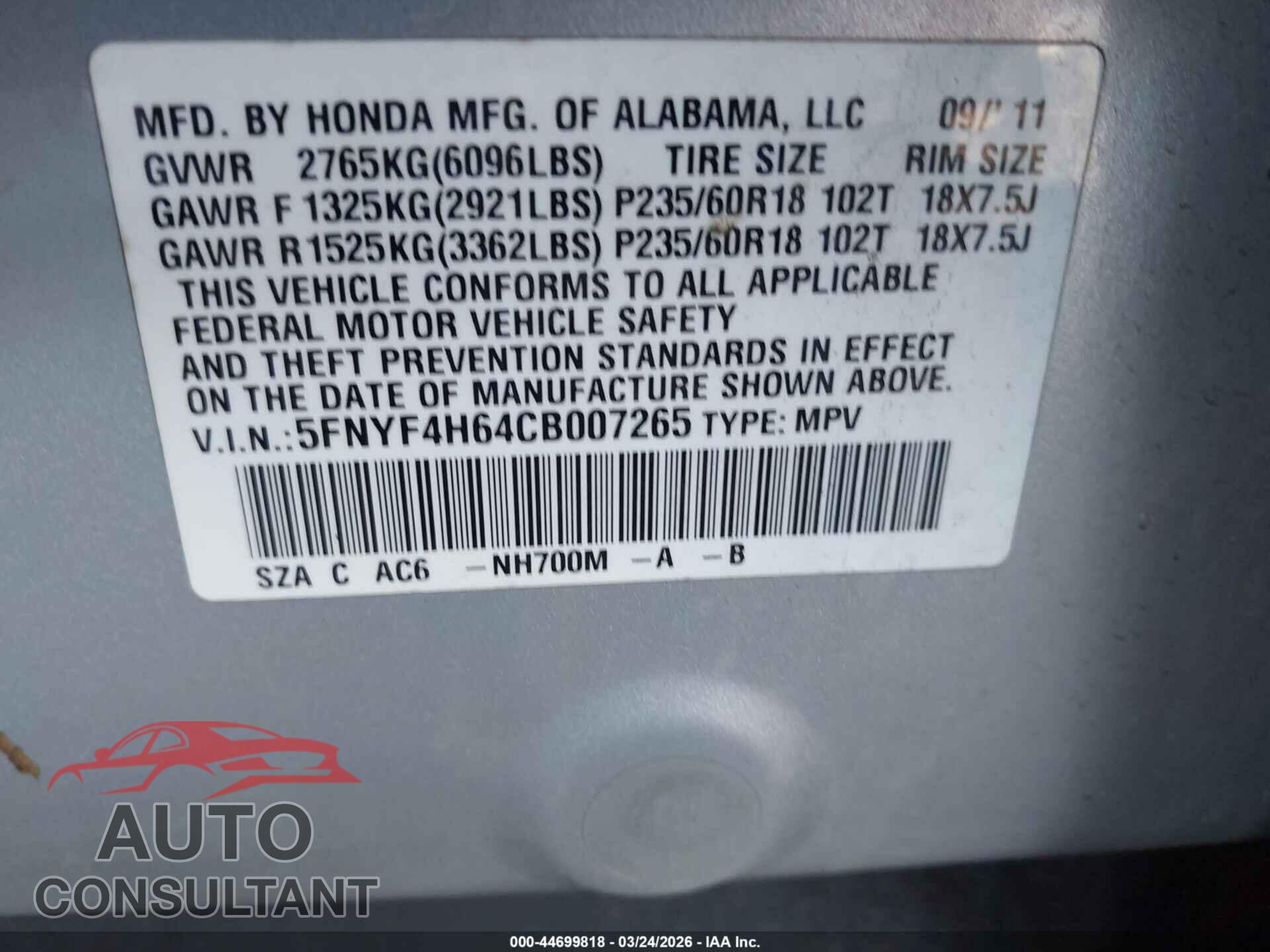 HONDA PILOT 2012 - 5FNYF4H64CB007265