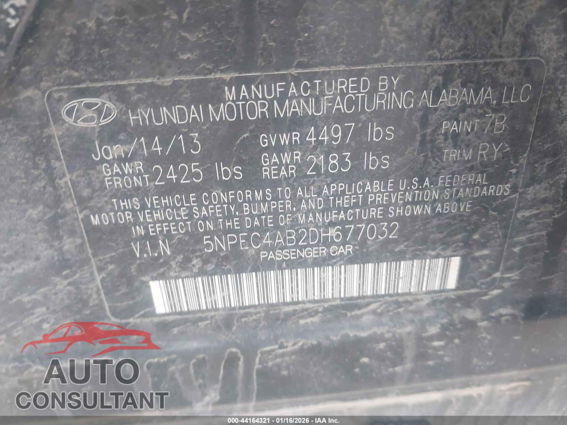 HYUNDAI SONATA 2013 - 5NPEC4AB2DH677032