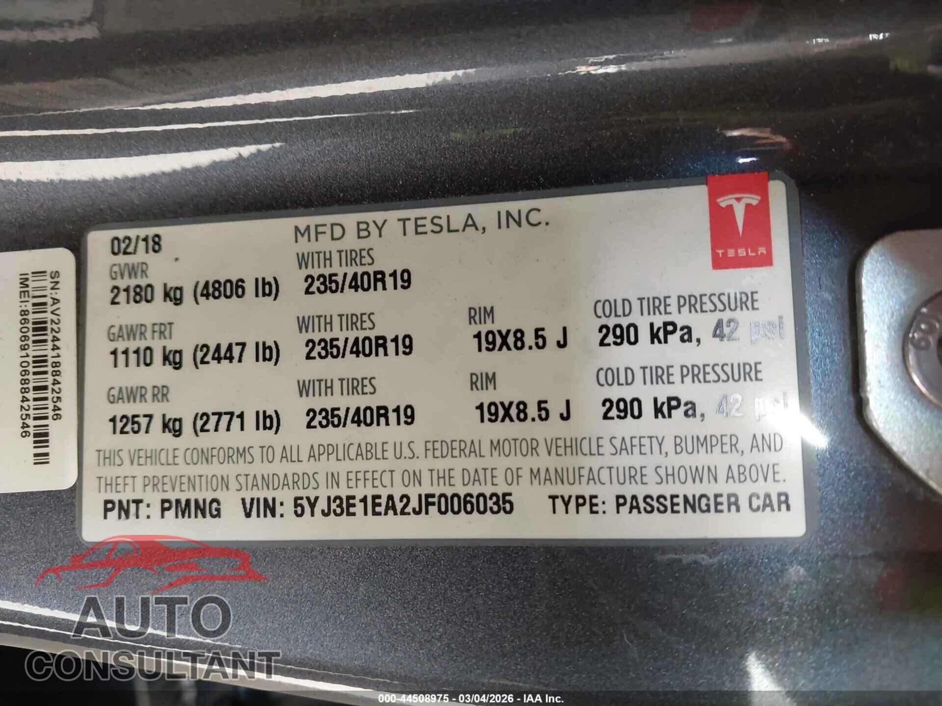 TESLA MODEL 3 2018 - 5YJ3E1EA2JF006035