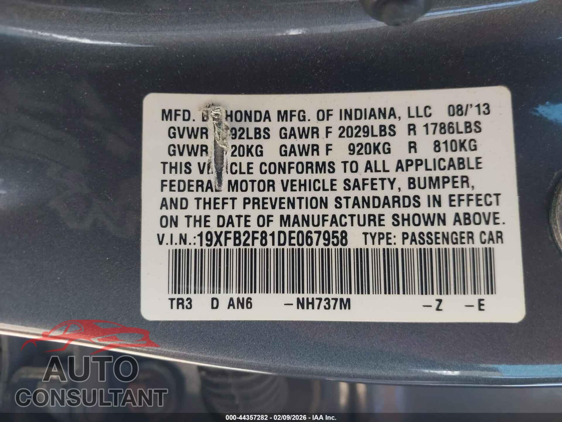 HONDA CIVIC 2013 - 19XFB2F81DE067958